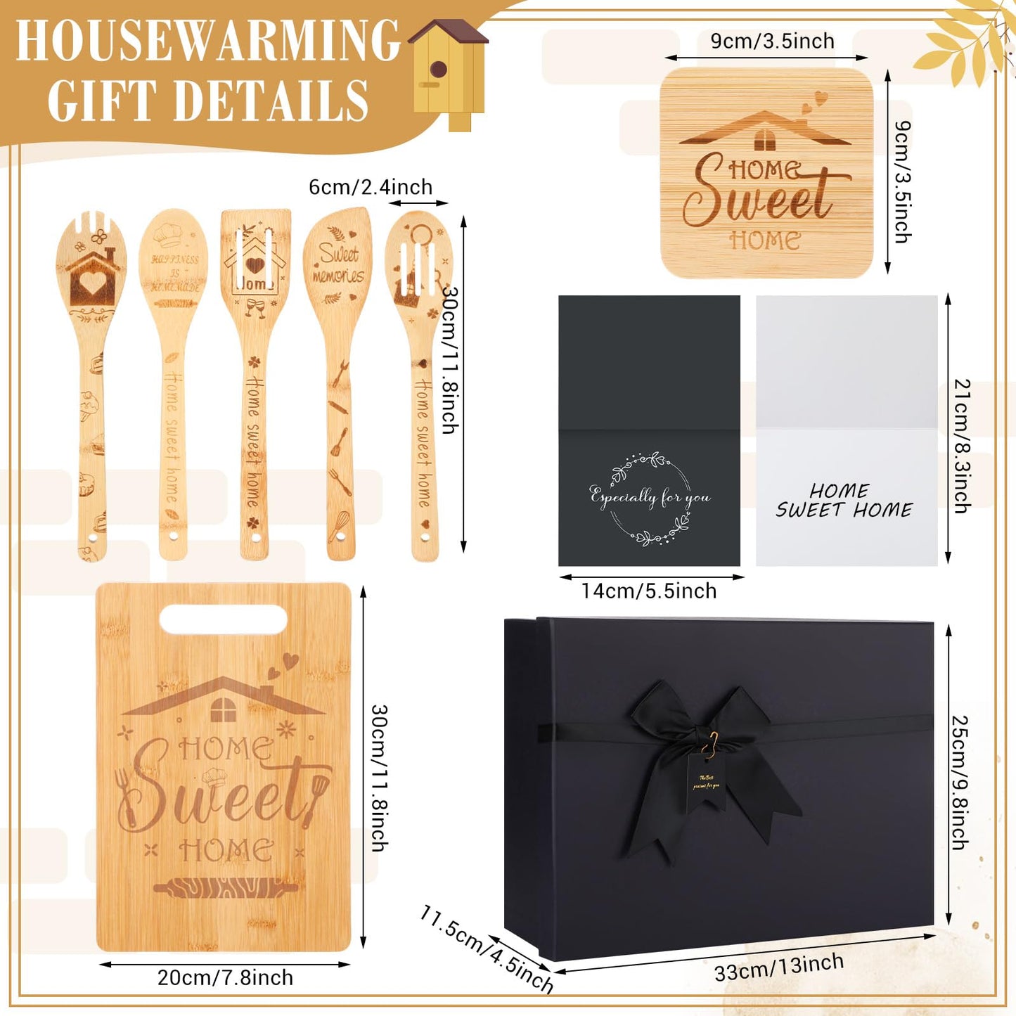 Patelai 17 Pcs House Warming Gifts New Home, Housewarming Gift Basket for New Homeowner Sweet Couples Home Supplies Include Apron Bamboo Spoons Cutting Board Gloves Cards with Black Present Box