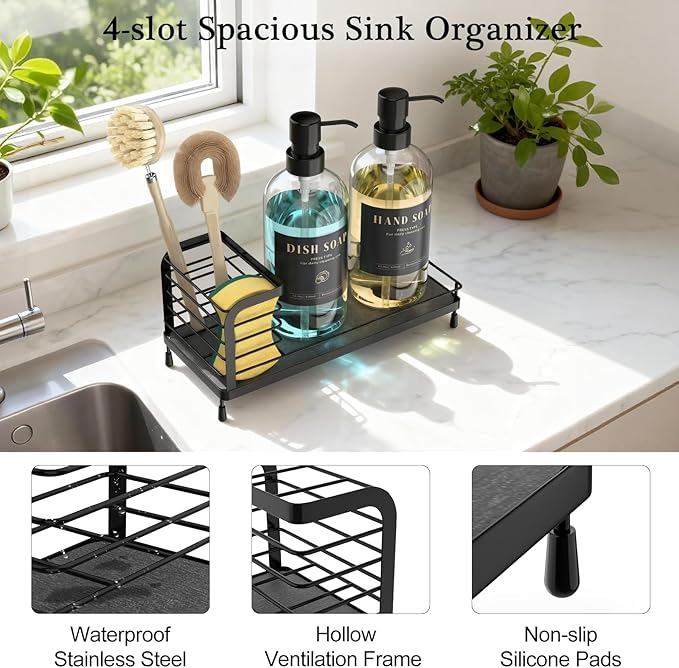 Luxspire Kitchen Soap Dispenser Set - 17oz Hand and Dish Soap Dispenser Set with Fast Drying Tray, Glass Bottle with Waterproof Labels, Kitchen Sink Organizer, Bathroom Countertop Organizer, Black