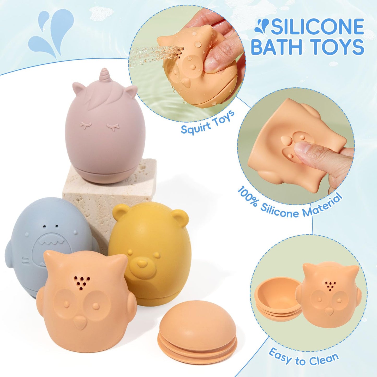 Silicone Color and Shape Sorting & Stacking Toys & 16PCS Baby Bath Toys