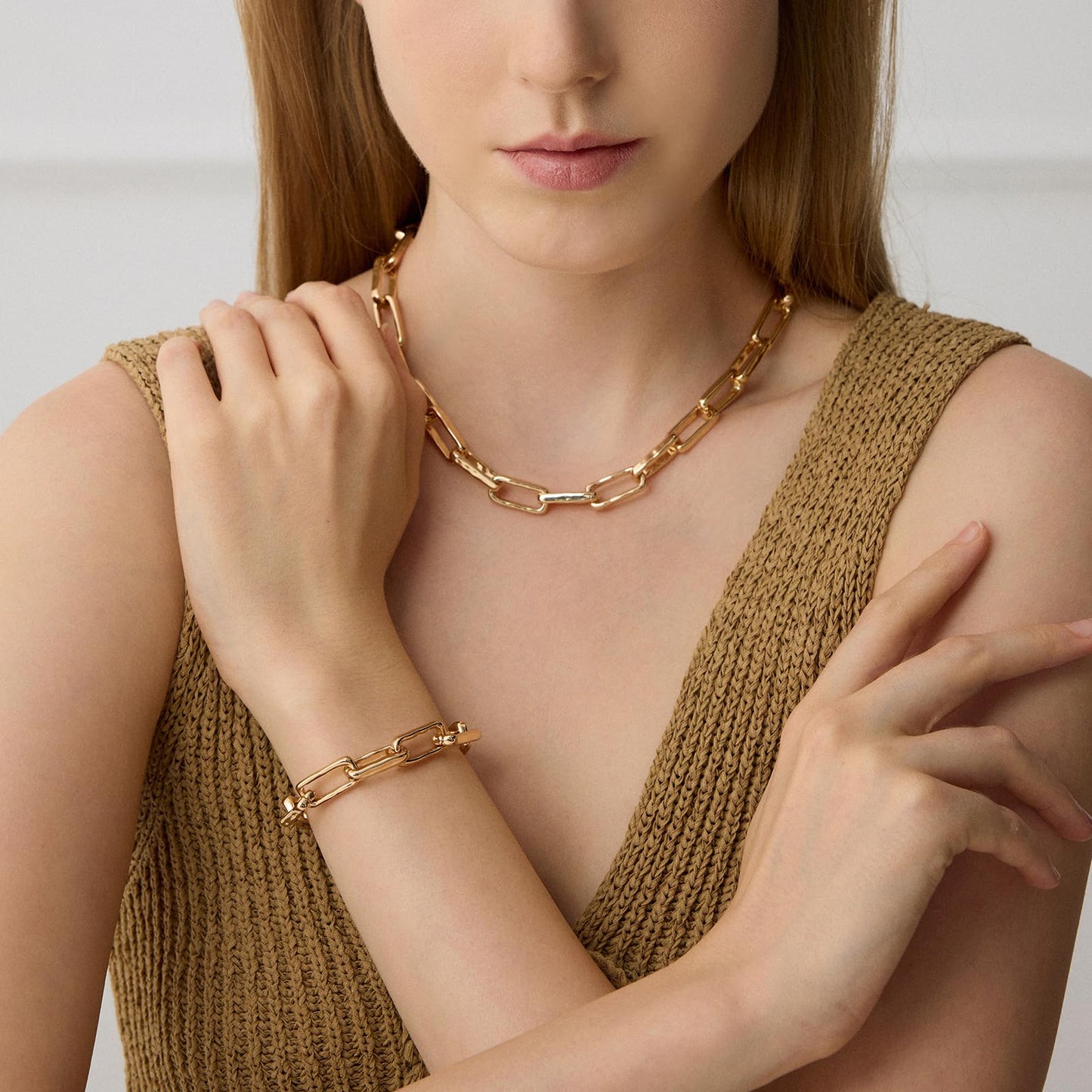 COBI Chunky Bracelets for Women, Paperclip Bracelets, Coffee Bean Chunky Link Bracelet, 18K Gold & Sterling Silver Plated, Stackable Thick Large Punk Jewelry 7.4''+1.2''-Thin Paperclip Gold