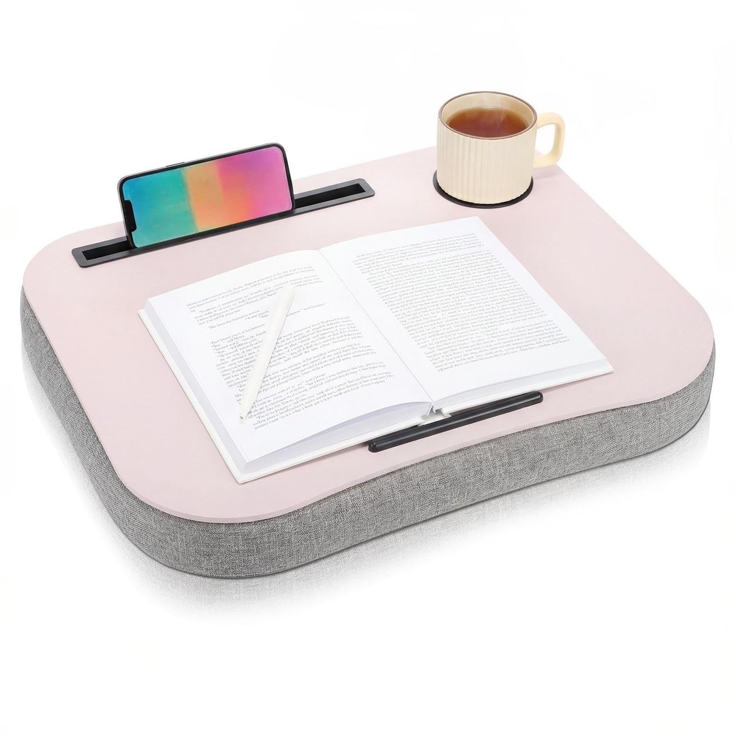 Lewtemi Pink Laptop Lap Desk with Cup Holder and Stopper Padded Phone Holder Couch Bed Sofa Fits up to 15.6 Inch Cushion Portable Lap Desk for Home Office Study Writing