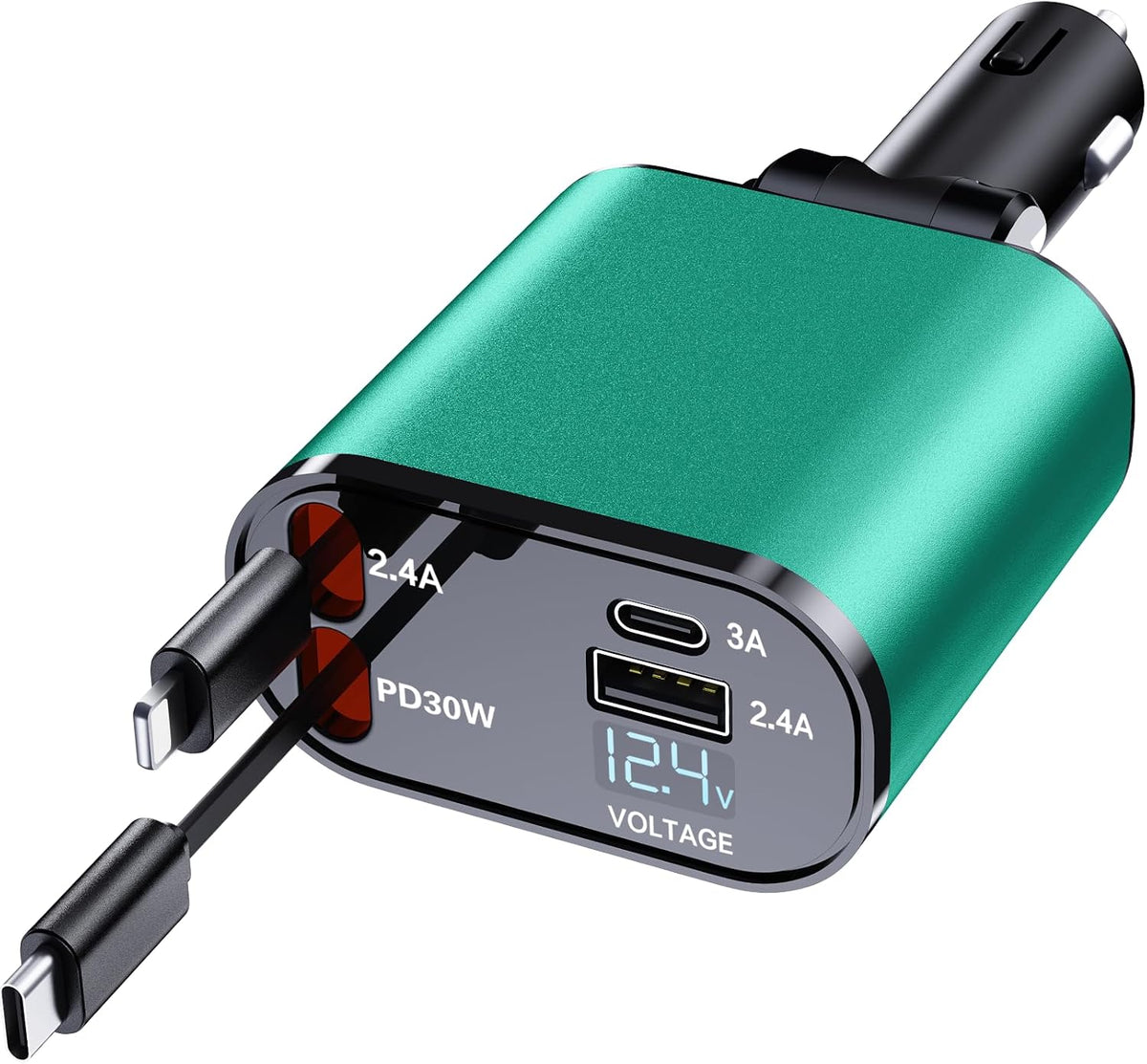 Retractable Car Phone Charger, 4 in 1 Fast Charge Car Phone Charger with 2 Retractable Cables(2.6ft) and 2 USB Ports, Compatible with iPhone15/14/15 Pro Max,Samsung (Bluish Green)