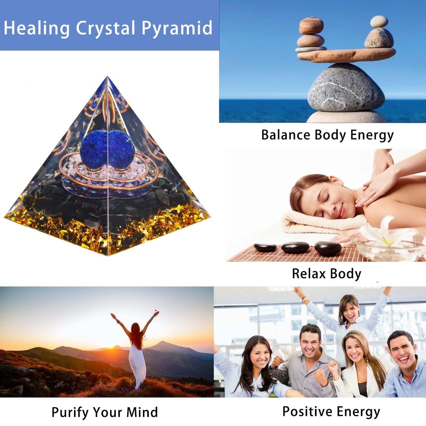 Crystal Pyramid, Lapis Lazuli & Obsidian Healing Crystal Pyramid Porstive Energy Generator, Natural Crystals Energy Pyramid for Attract Wealth Success and Lucky