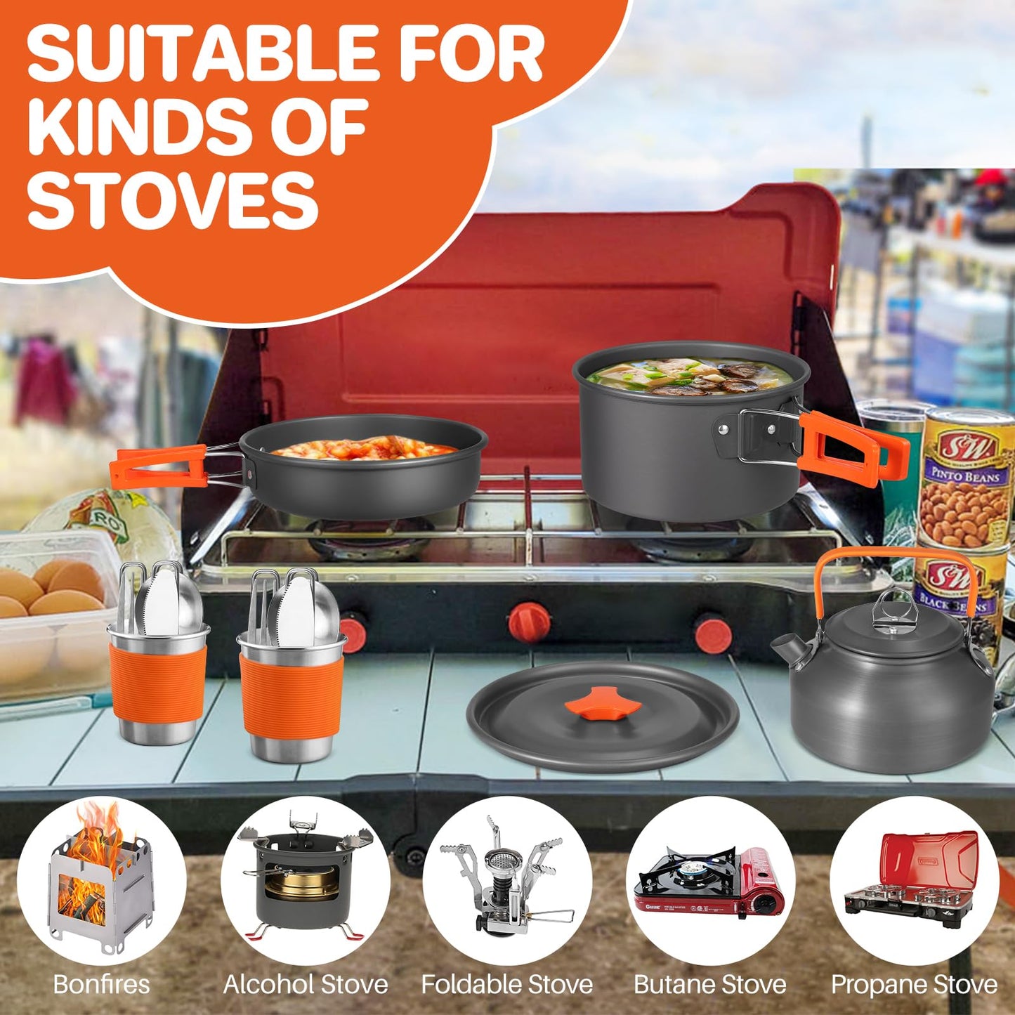 FUNYKICH 17PCS Camping Cooking Set, Non-Stick Lightweight Camping Pots and Pans Set with Kettle, Stainless Steel Cups, Foldable Forks Knives Spoons for Camping, Backpacking, Outdoor Cooking & Picnic