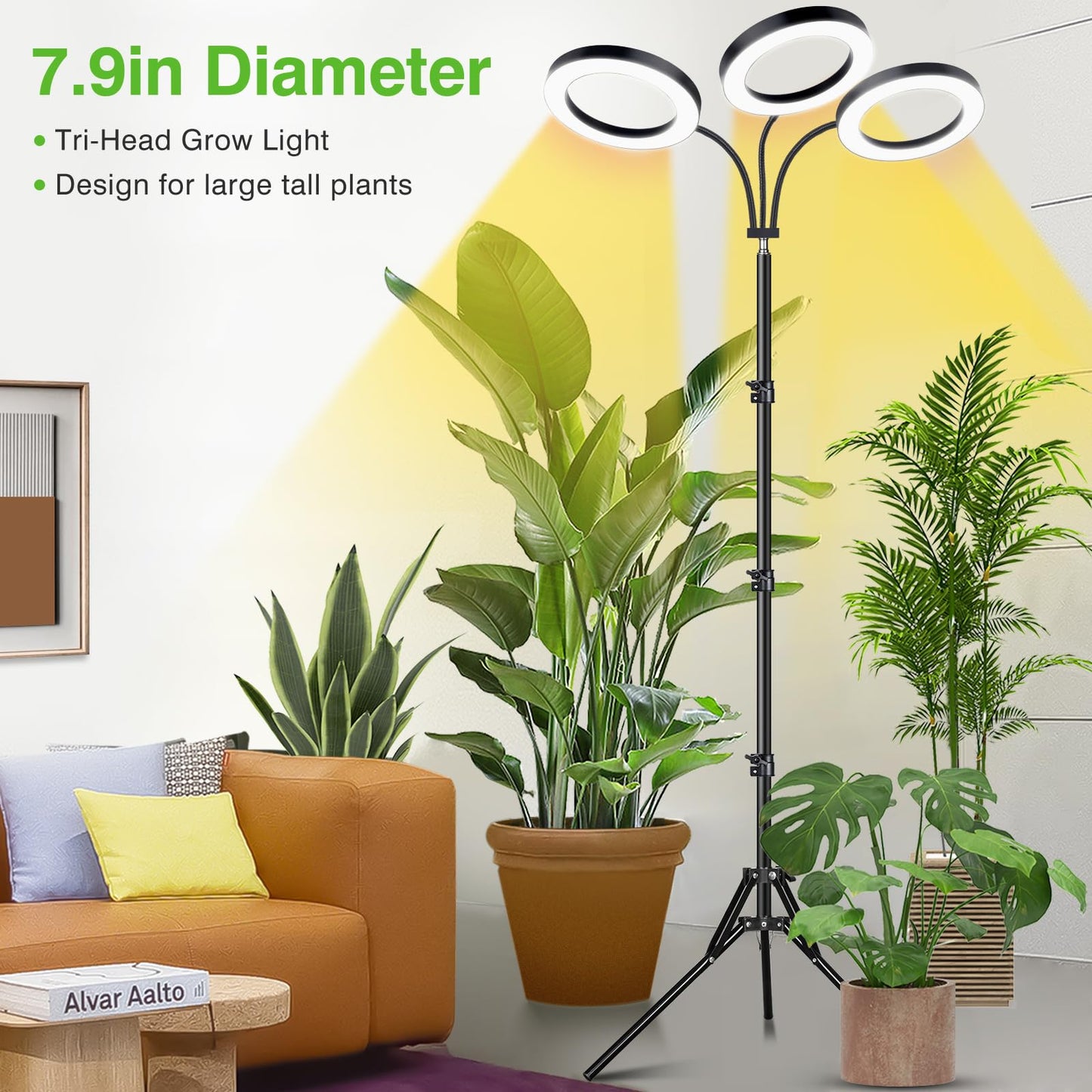LORDEM Grow Light for Indoor Plants, 7.9" Diameter Tri-Head Plant Light for Plants Growing, Full Spectrum Growth Lamp with Auto Timer 3/6/12H, 4 Dimmable Levels, 3 Lighting Modes, Adjustable Stand