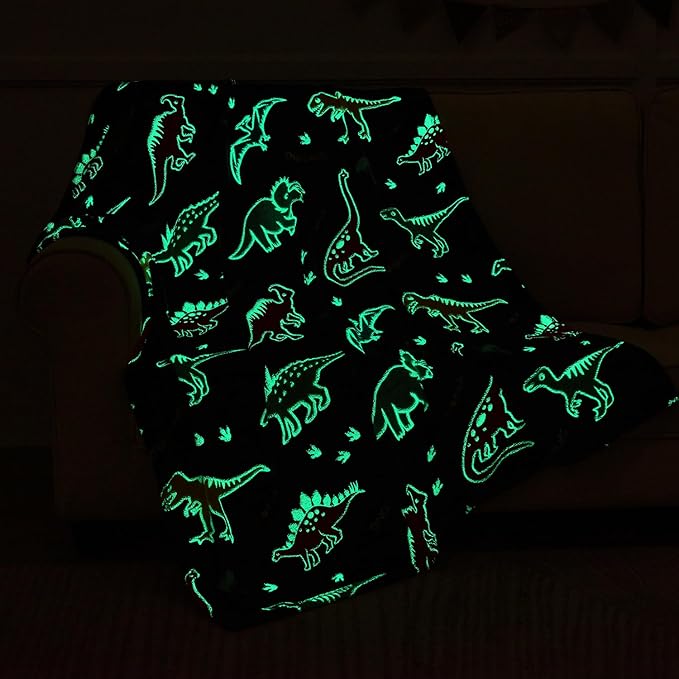 SOCHOW Glow in The Dark Dinosaur Blanket for Sons Daughters, Toys for 3-10 Year Old Preteen Teen Birthday Presents, Soft Cozy Flannel Throw Blanket for All Seasons, Blue 50 x 60 Inches