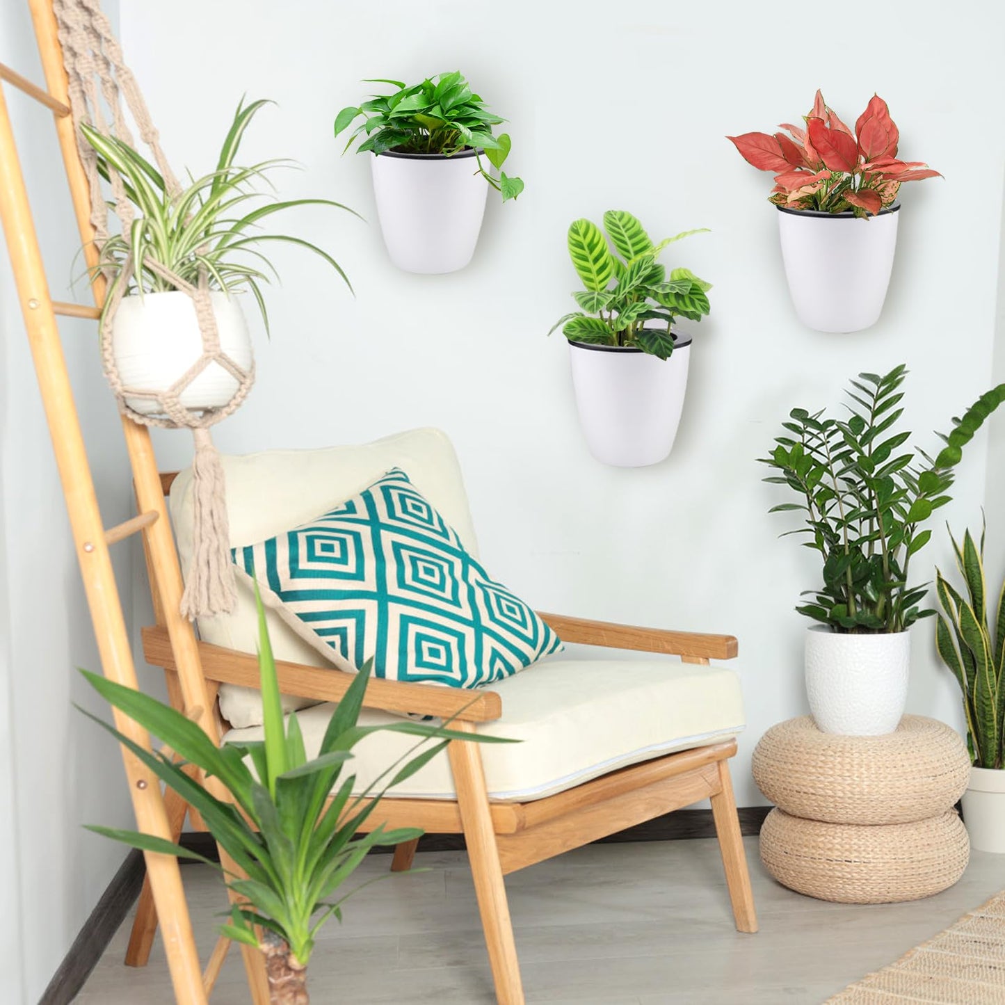 Jucoan 9 Pack Self Watering Wall Hanging Planters Pots for Indoor Plant, 5 Inch White Plastic Lazy Flower Pot with 9 Hooks for Garden Fence, Porch, Wall