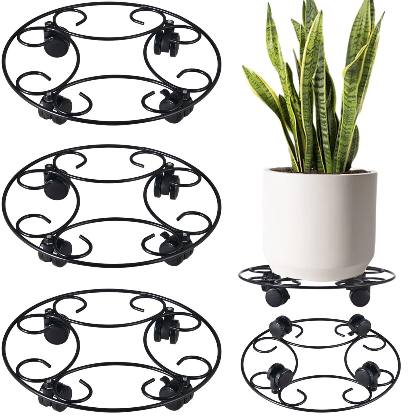 3 Packs 12.8" Metal Plant Caddy With Wheels - Large Rolling Stands Heavy-Duty Wrought Iron Roller Base Pot Movers Saucer Indoor Outdoor Dolly Coasters Planter Tray