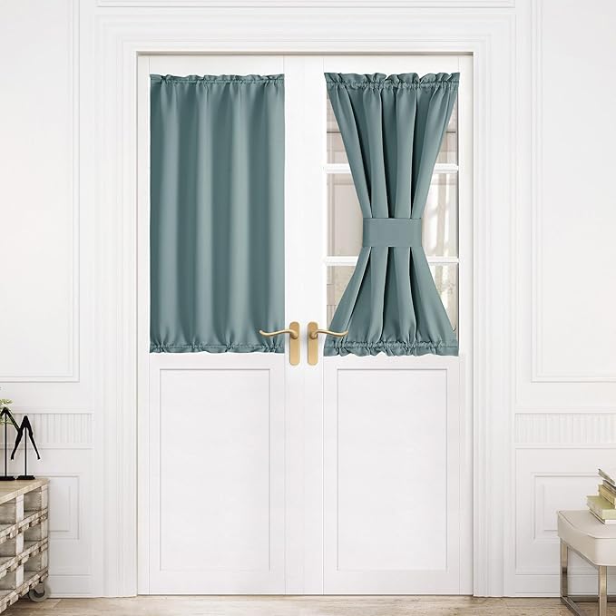 NICETOWN French Door Curtain for Door Window, Rod Pocket Thermal Short Curtain for Glass Patio Kitchen Window, 30 X 40 Inches Long, 1 Panel with Tieback, Greyish Blue