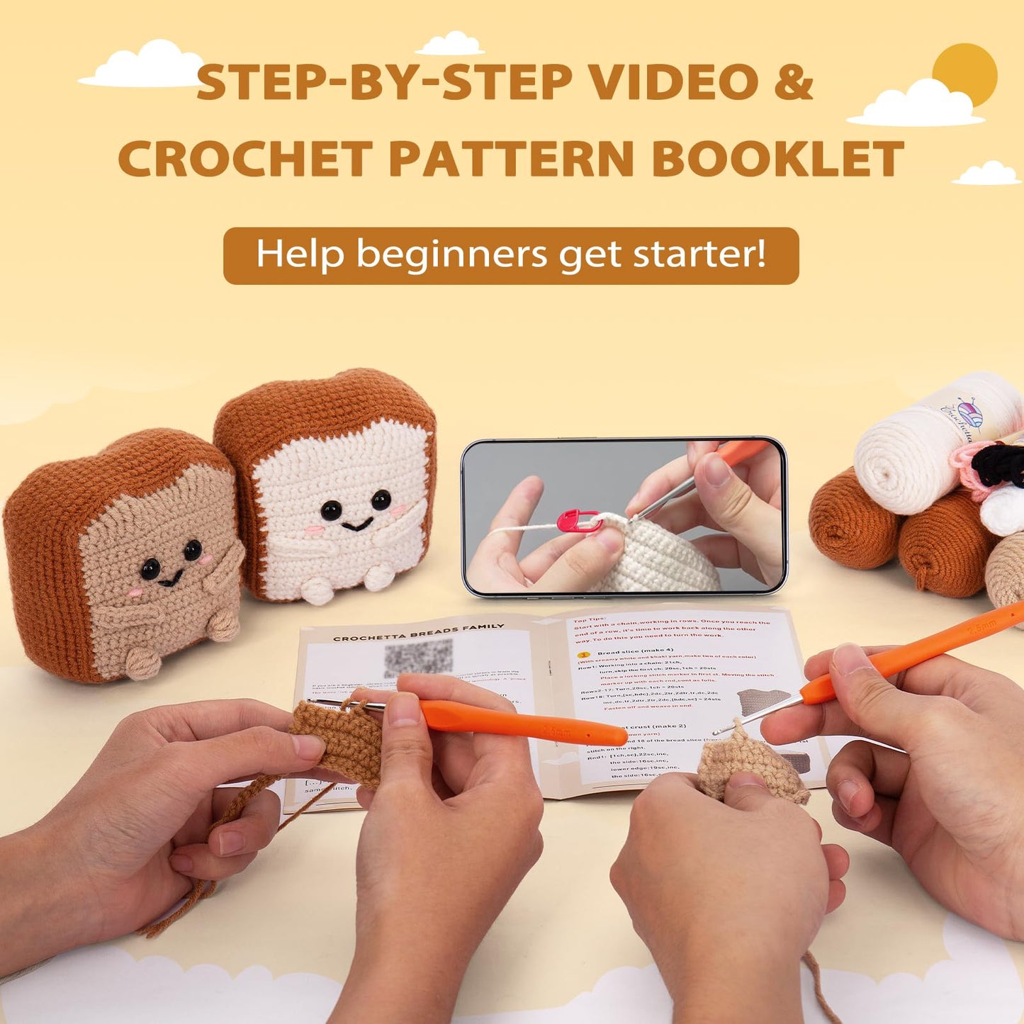 Crochetta Crochet Kit for Beginners, Amigurumi Crocheting Animals Kits w Step-by-Step Video Tutorials, Knitting Starter Pack for Adults, Jumbo 2 Breads Familly (40%+ Yarn Content)