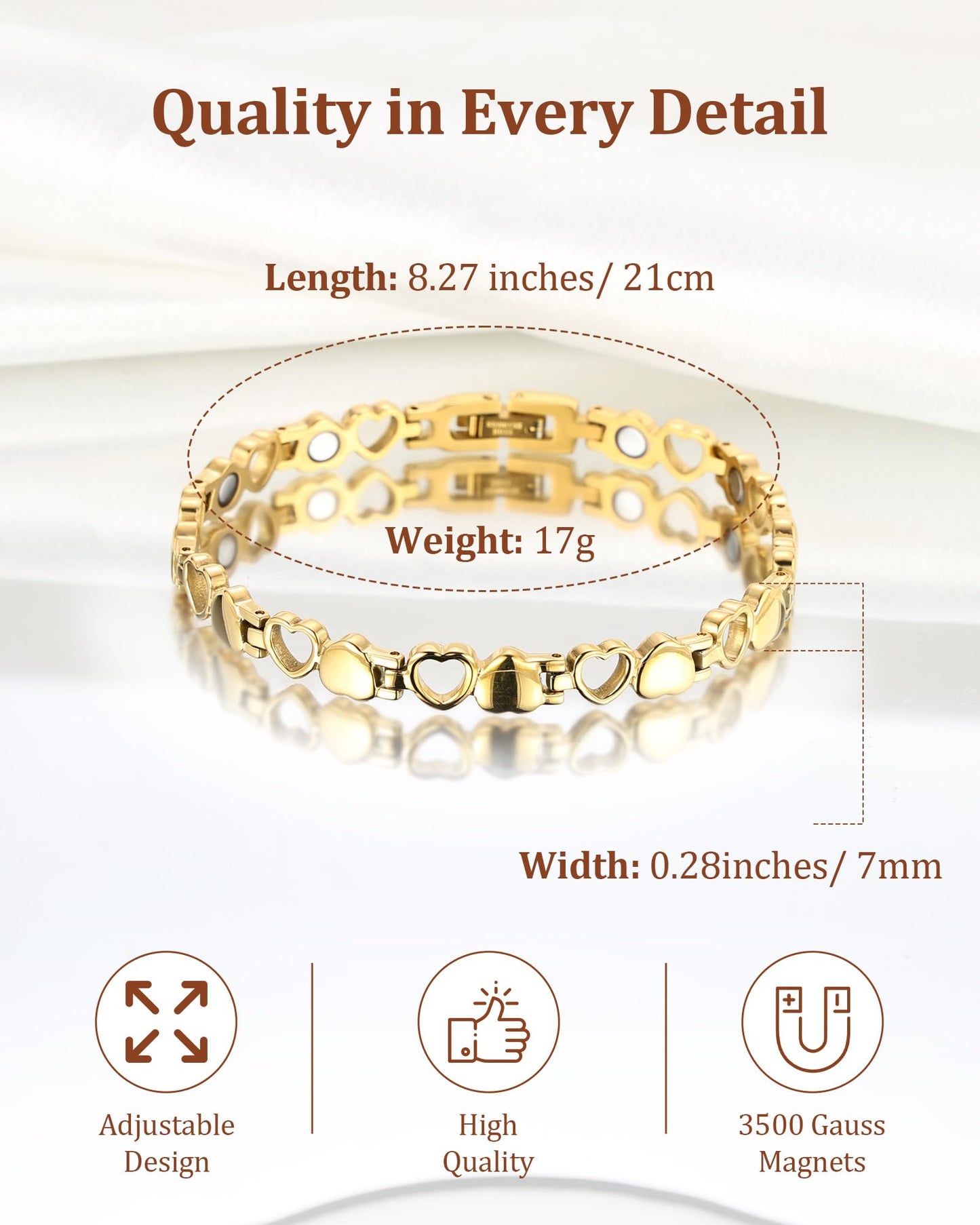 BioMag Magnetic Bracelet for Women, Titanium Steel Wristband Brazaletes for Pain Relief Solid Pure Copper Jewelry Gift with Adjustable Tool (Gold)
