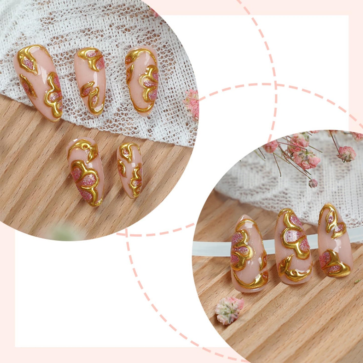 3D Gold Flower Press on Nails 24Pcs Peach Blossom Medium Almond Fake Nails Leaves Gel Glue on Fingernails Glossy Pink Glitter Stick on Nail Acrylic Full Cover False Nail for Holiday Manicure Art