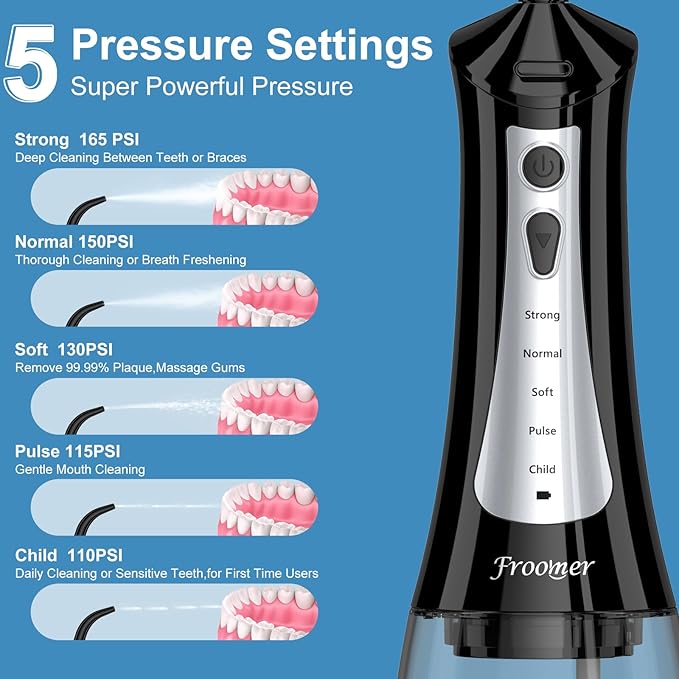 Froomer Water Flosser，Water Dental Forsser for Teeth Clean, 5Modes 4 Jet Tips,Rechargeable Portable Water Flossers for Teeth,300ML Tanks for Travel Friendly(Black