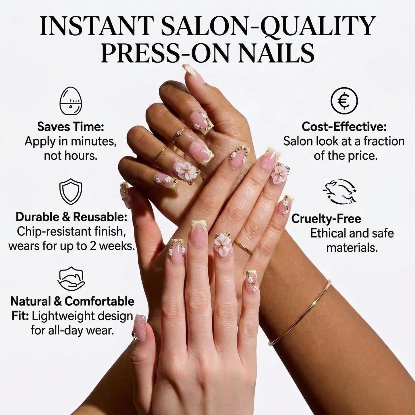 IMSOHOT Short Square Press on Nails - 24Pcs Glossy French Tip Fake Nails with 3D Flower and Rhinestone Accents, Pink Spring Design