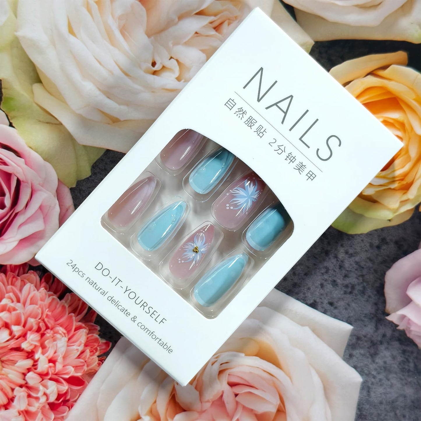 Flower Press on Nails Medium Almond Artificial Acrylic Fake Nails French Blue 3D Floral Starfish with Gold Beads Stick on Nail Full Cover Reusable Coffin Artificial Fingernails for Women Manicure