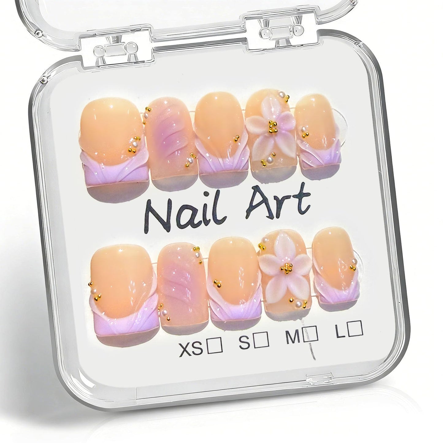 10 Pcs Handmade Press on Nails Short Square Fake Nails with Purple French Tip Design 3D Flower False Nails Nude Acrylic Short Press Ons Nails Square M Size for Women Manicure