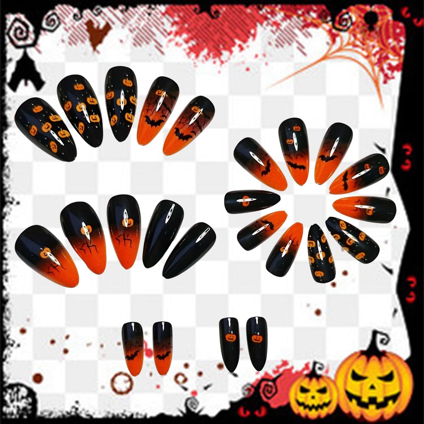 Halloween Bat Press on Nails Long Almond Pumpkin Ghost Pattern Halloween Nail Full Cover Glossy Artificial Acrylic False Nail French Tip Orange Gradient Glue on Nails for Women Festival Decoration
