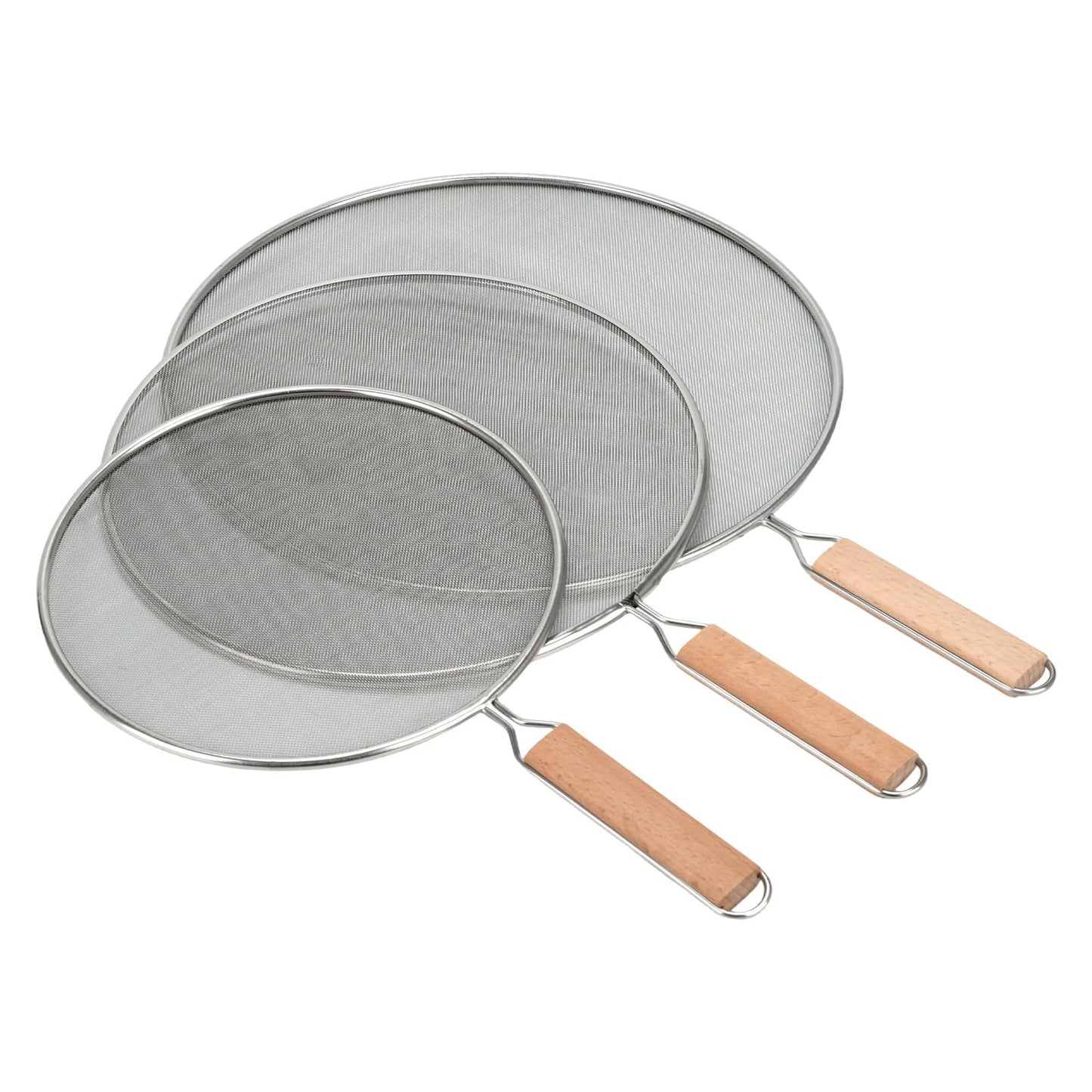 3 Pieces Grease Splatter Screen for Frying Pan, 21/25.5/29cm, with Wooden Handle