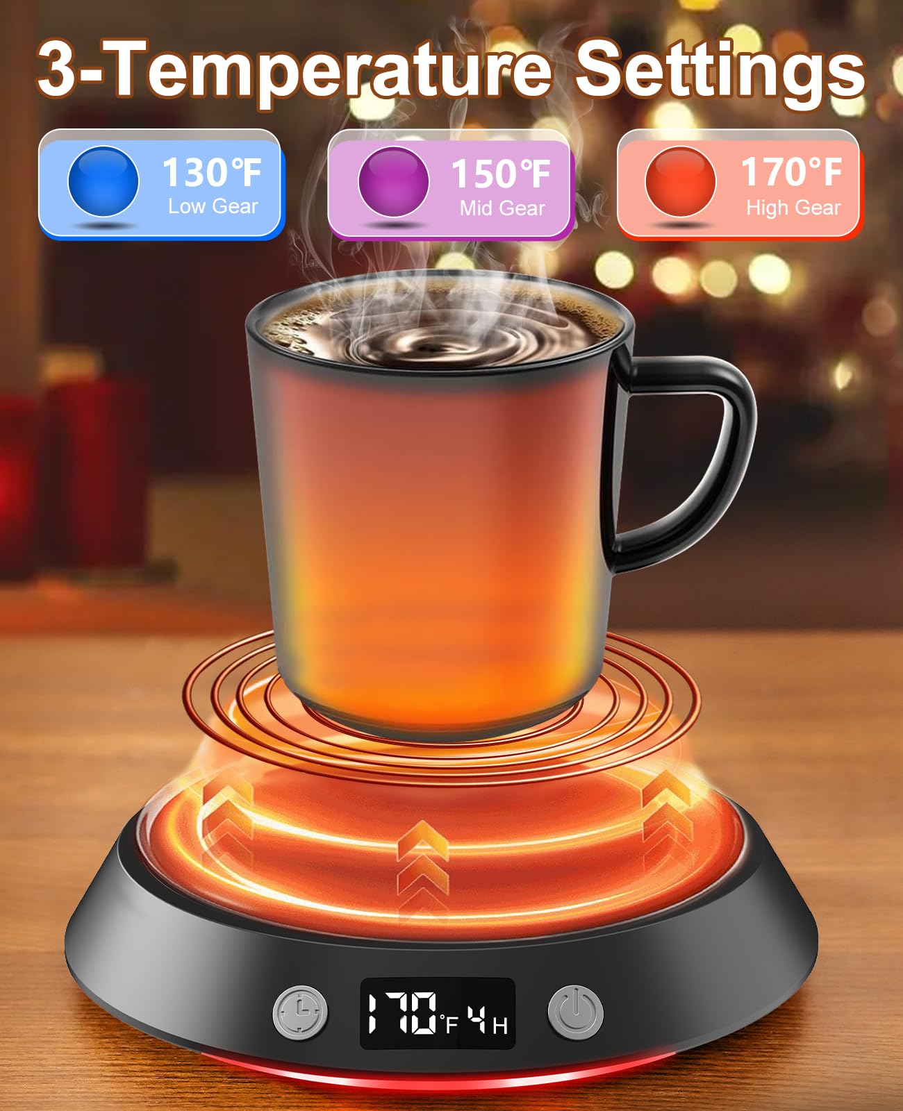 Kepwam Coffee Mug Warmer - 50W Electric Coffee Warmer for Desk 3 Temp Settings & 2-9 Timer Smart Cup Warmer for Desk Candle Warmer Plate with LED Lights Beverage Tea Milk Warmer for Home & Office