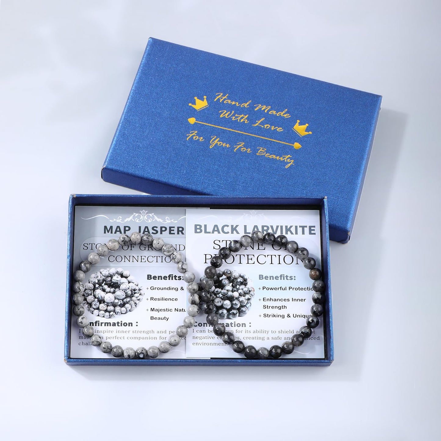 NCB 2-Piece 6mm Natural Crystal Gemstone Stretch Bracelets – ﻿Black Larvikite, Map Jasper Handmade Reiki Energy Healing Jewelry for Meditation,Yoga, Unisex