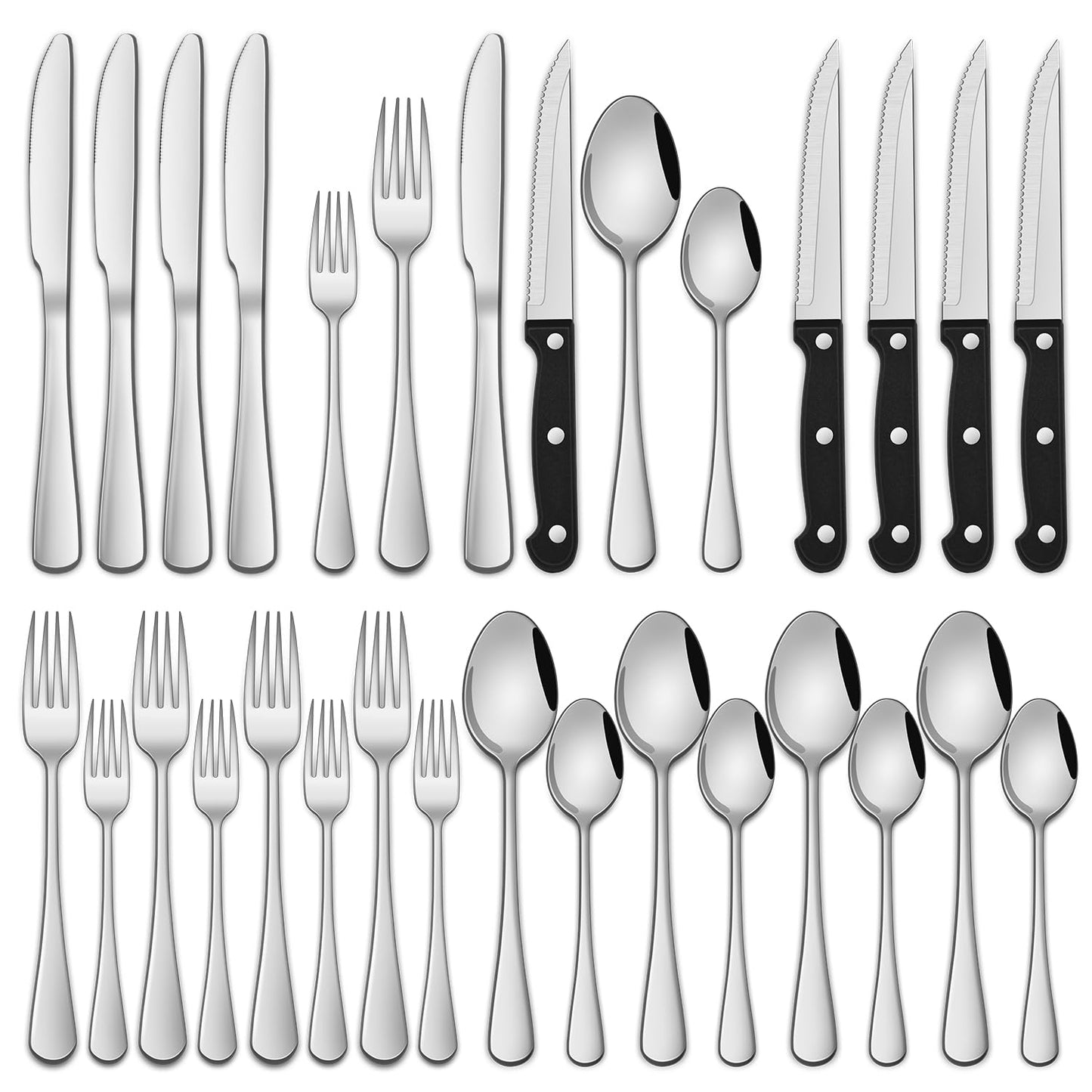 24-Piece Silverware Set with Steak Knives,Flatware Set Service for 4 Person, Food-Grade Stainless Steel Cutlery Set,Includes Knife Spoon And Fork, Mirror Finished Utensil Sets for Home Restaurant