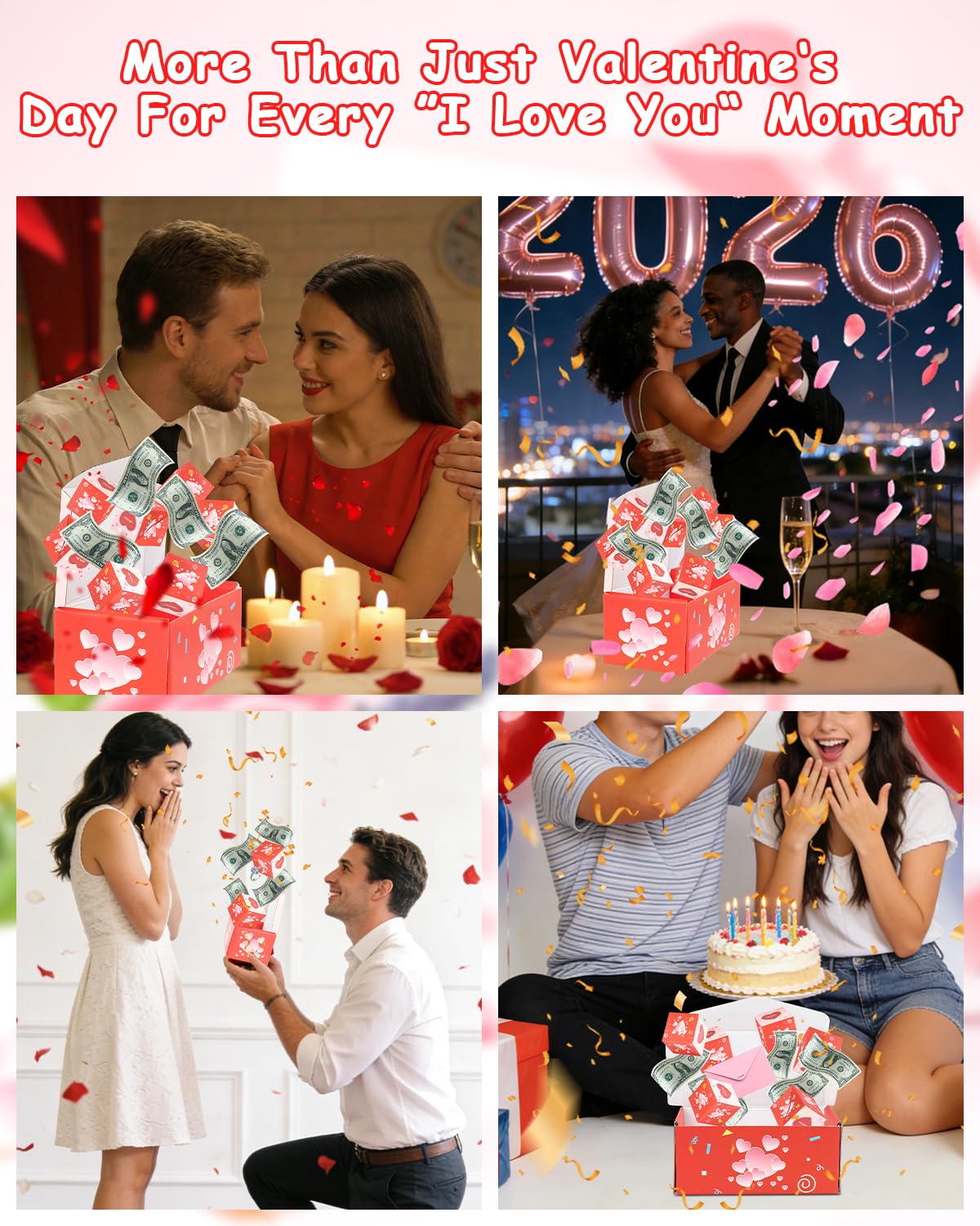 ASSRECT Exploding Gift Box -Valentine's Day, BirthdaySurprise Box Pop Up with 12 Money Holders, ReusableDate Gift Box for Valentine's Day, Cash, Gifts, Birthday, Party supplies (Pink)