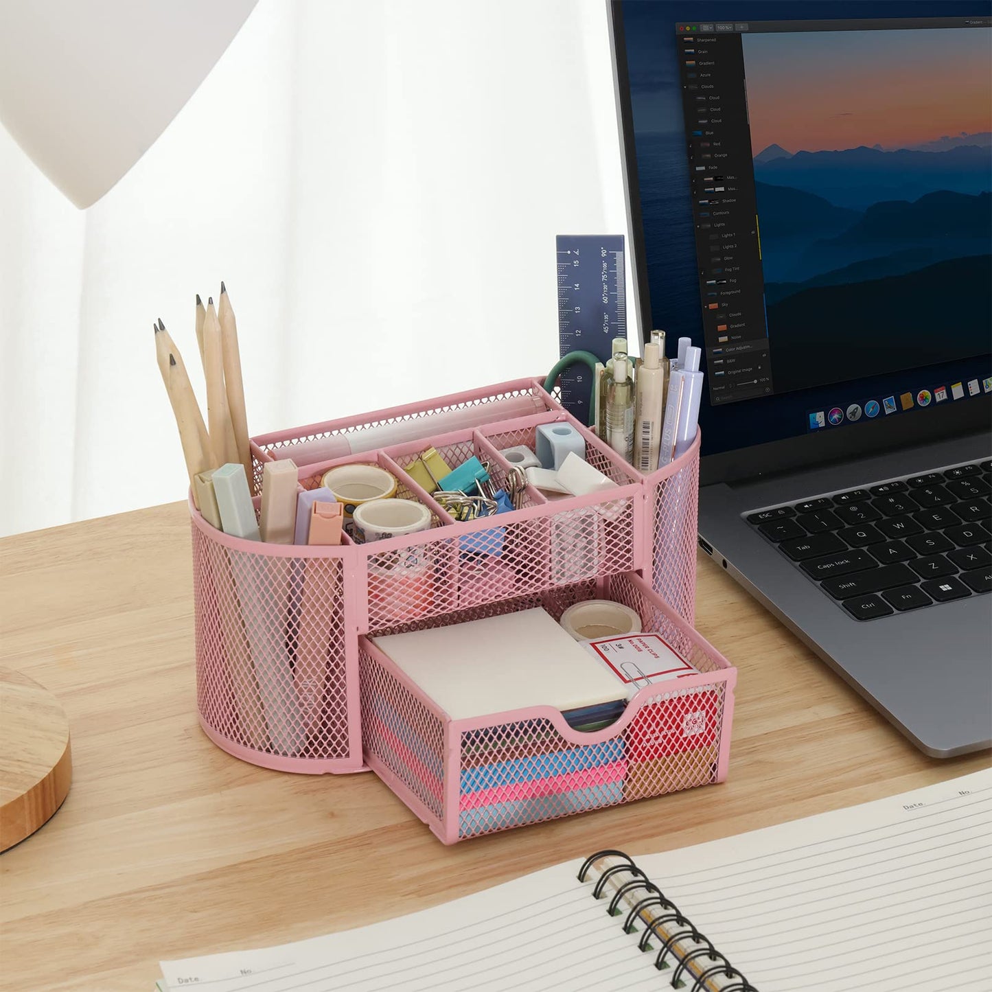 EOOUT Pink Desk Organizer, Pen Holder for Desk and Accessories, Mesh Desk Organizer with 8 Compartments and 1 Drawer for Office Home School Classroom