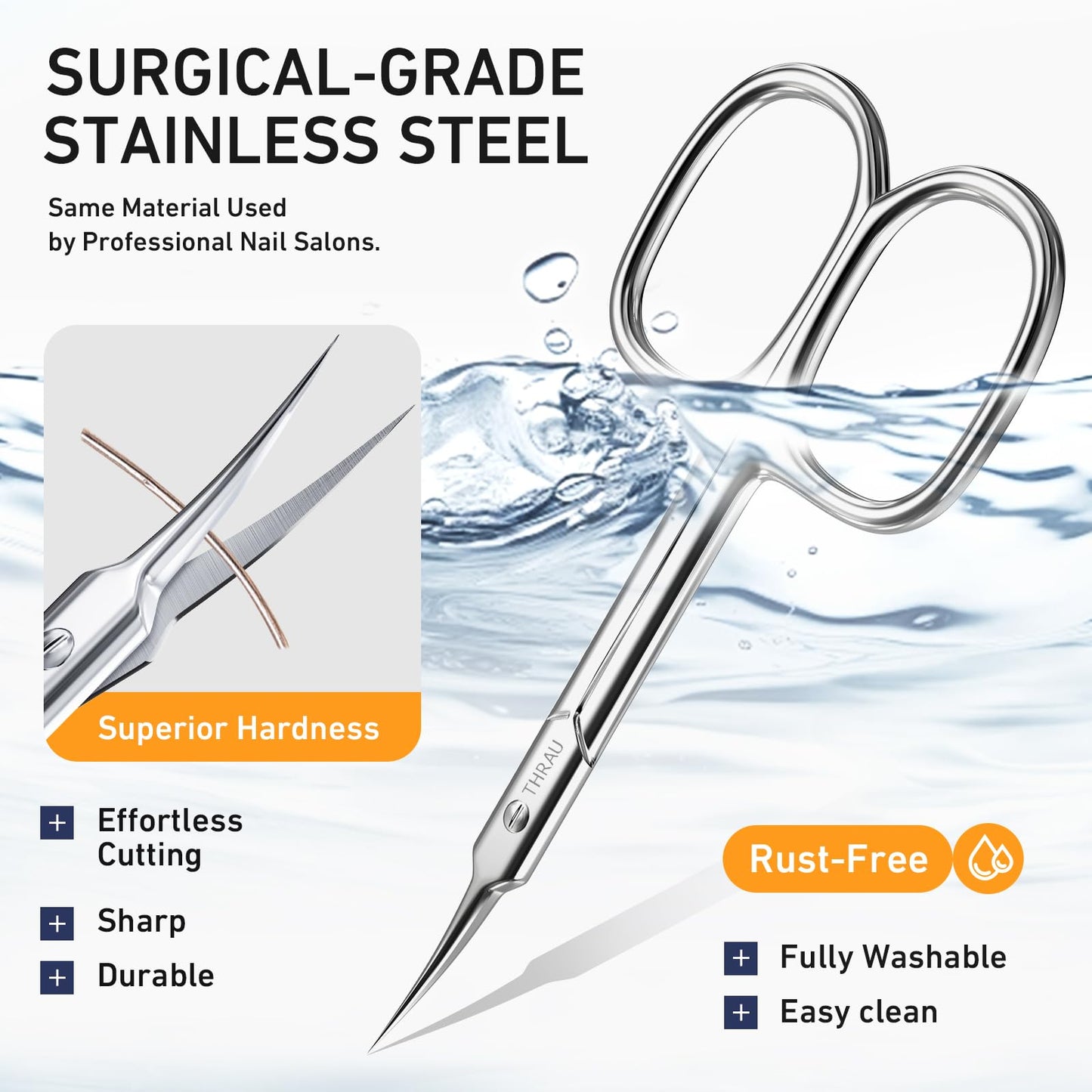 THRAU Cuticle Scissors Extra Fine for Manicure and Pedicure, Curved Blade Nail Scissors, Precise Pointed Tip Grooming Kit for Eyebrow, Eyelash, Trim Nail and Dry Skin, Small Scissors