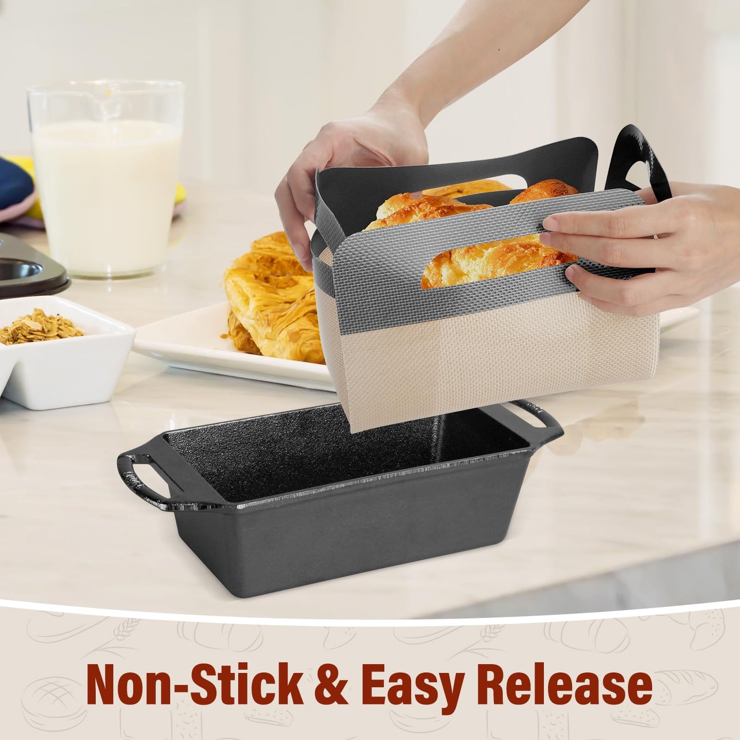 Upgraded Loaf Pan Liners with 4 Handles, 2 PCS Reusable Silicone Bread Sling, Bread Sourdough Baking Mat Non-Stick & Easy to Clean, Best Fits 9x5" or 1.5lb Loaf Pans, Black