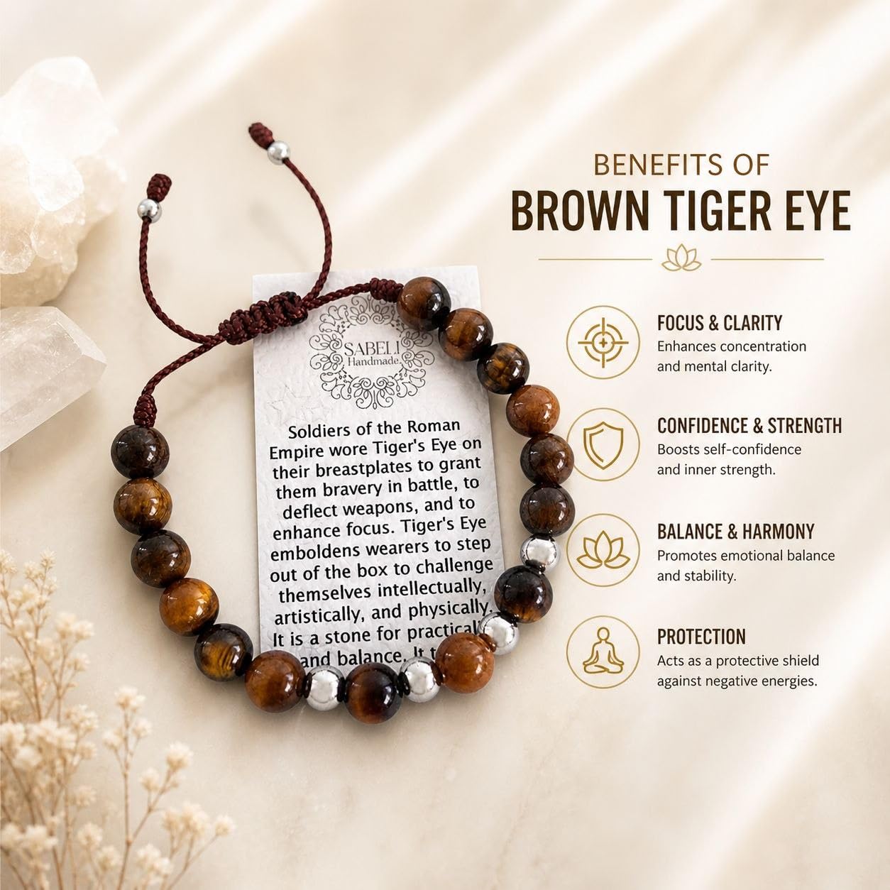 Sabeli Handmade Tiger's Eye Natural Stone Bracelet 8mm Gemstone Focus and Balance Crystal Beaded Adjustable Men and Women Gift