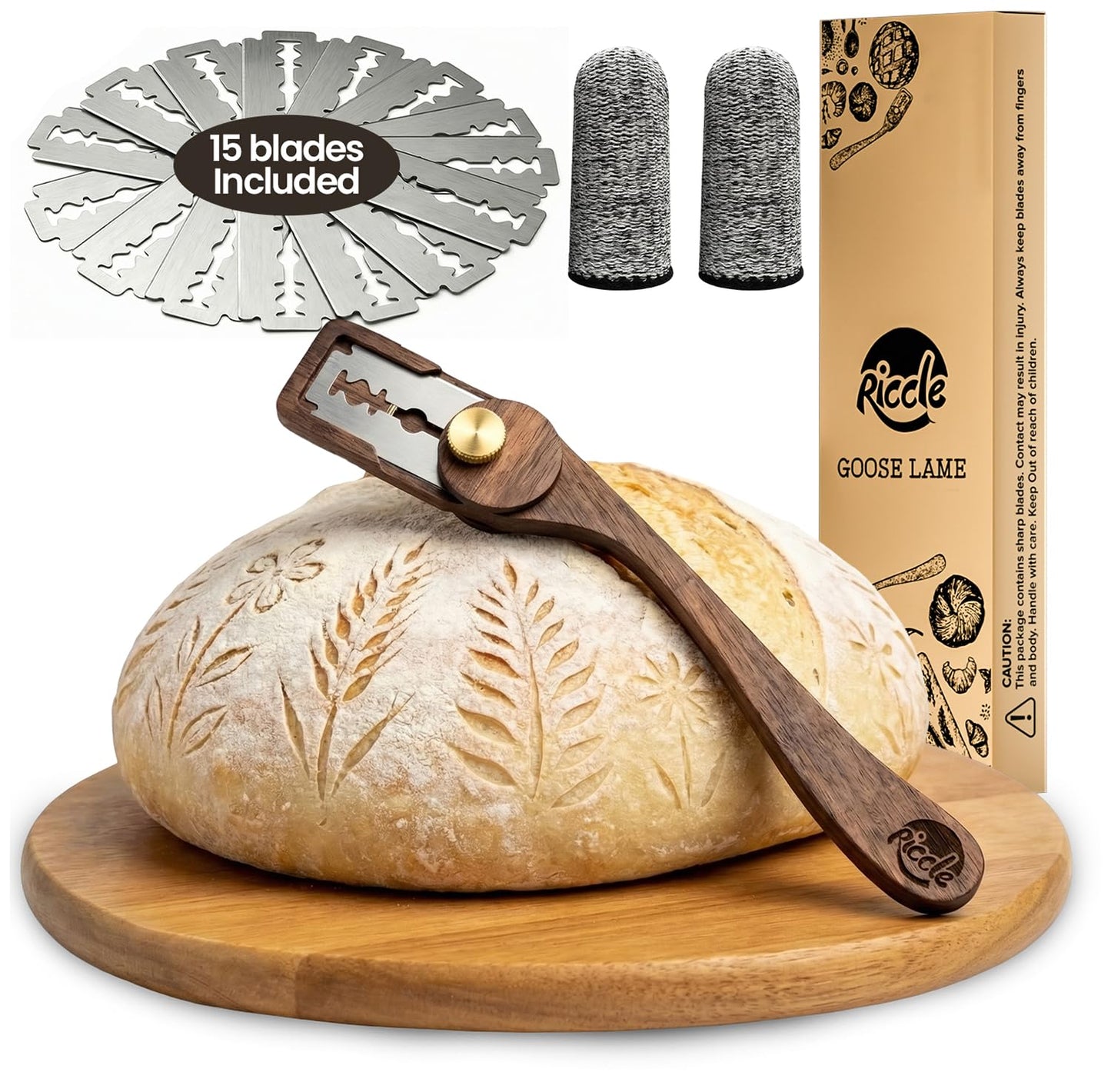 RICCLE Goose Bread Lame for Sourdough Bread, Walnut Wood Bread Scoring Tool with 15 Replacement Blades, Magnetic Safety Guard and Finger Sleeves for Artisan Baking