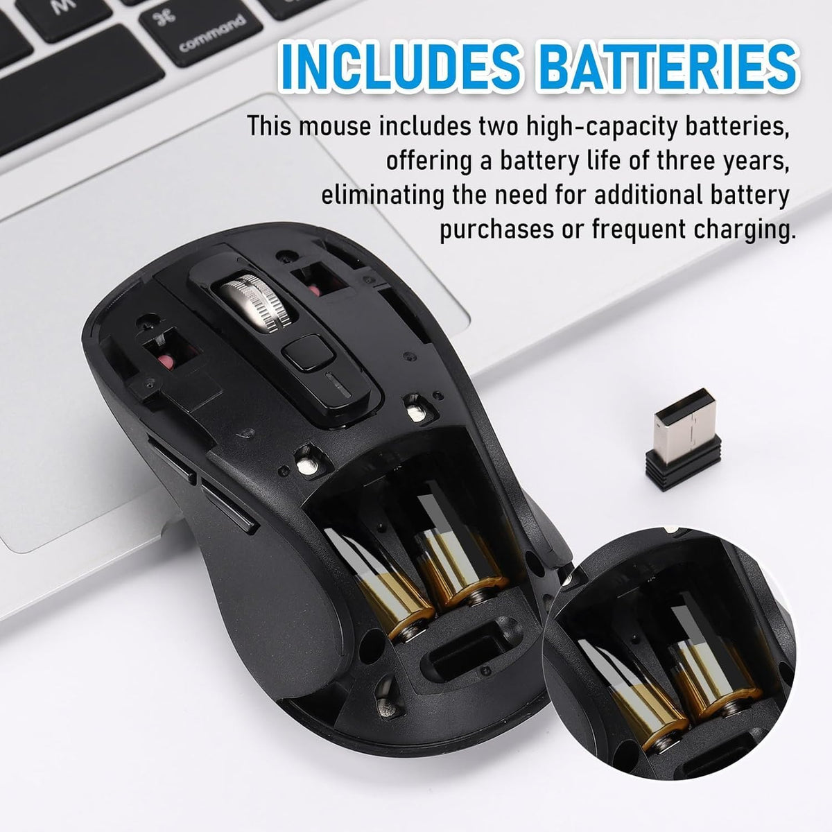 Wireless Mouse, Full-Size Silent Mouse, 36-Month Battery Life, 4 Way Navigation, 1000-3000 Adjustable DPI, 2.4GHz USB-A Receiver for Computer, Laptop, PC, Chromebook, Notebook