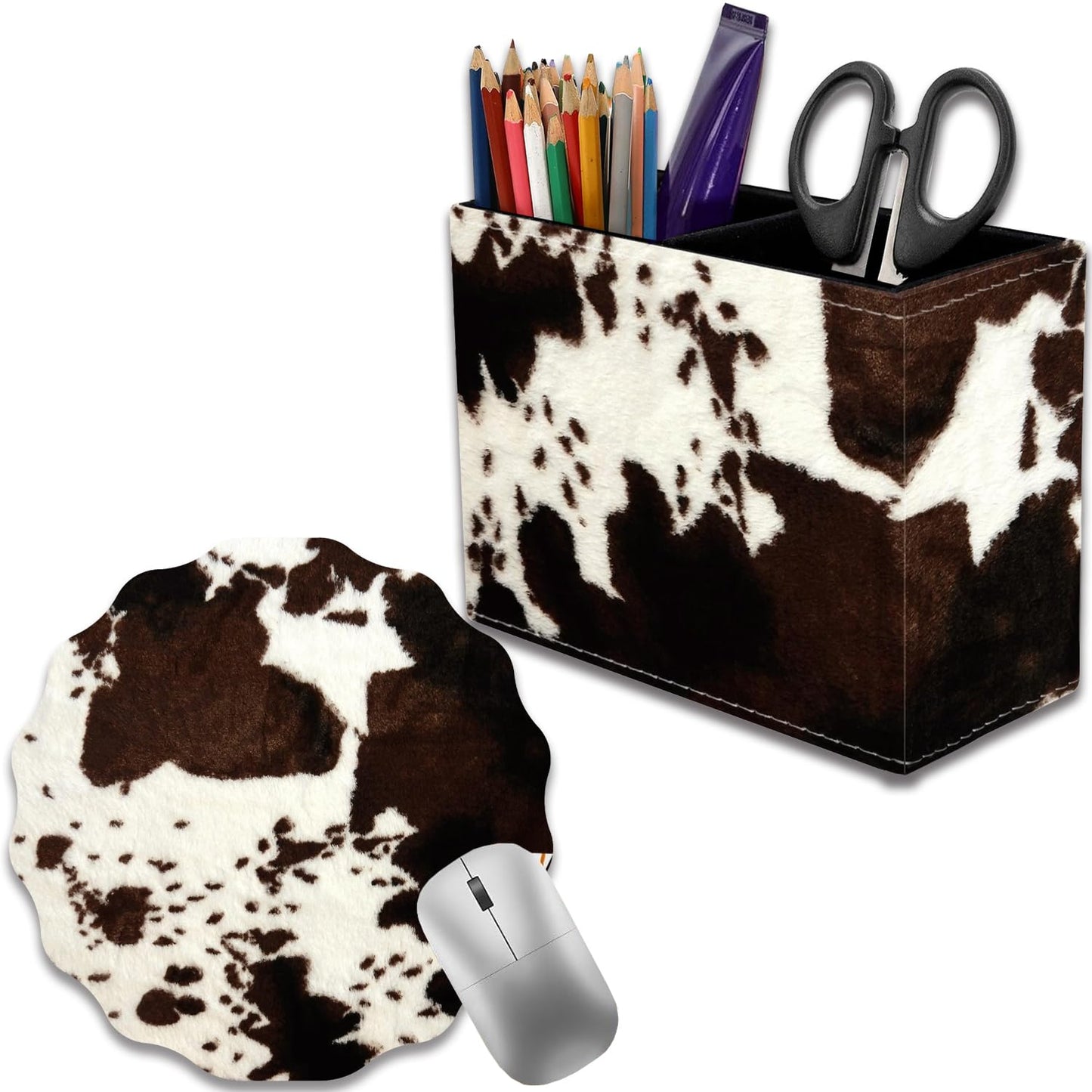 VSHSEEOM Pen Holder for Desk, PU Leather Multifunctional Desktop Storage Box and Anti-Slip Mouse Pad Set, Makeup Brush Holder Pen Organizer for Office and Home - Cow Hide Print