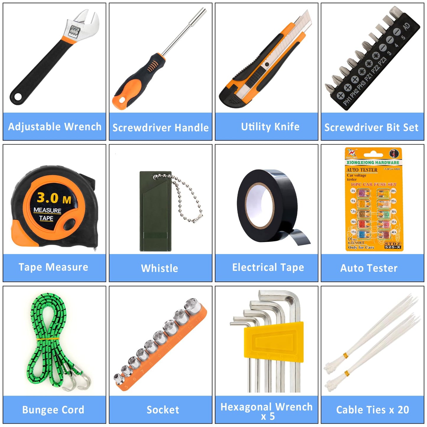 AUTODECO 82Pcs Car Roadside Emergency Kit with Jumper Cable - Automotive Safety Kit with Shovel