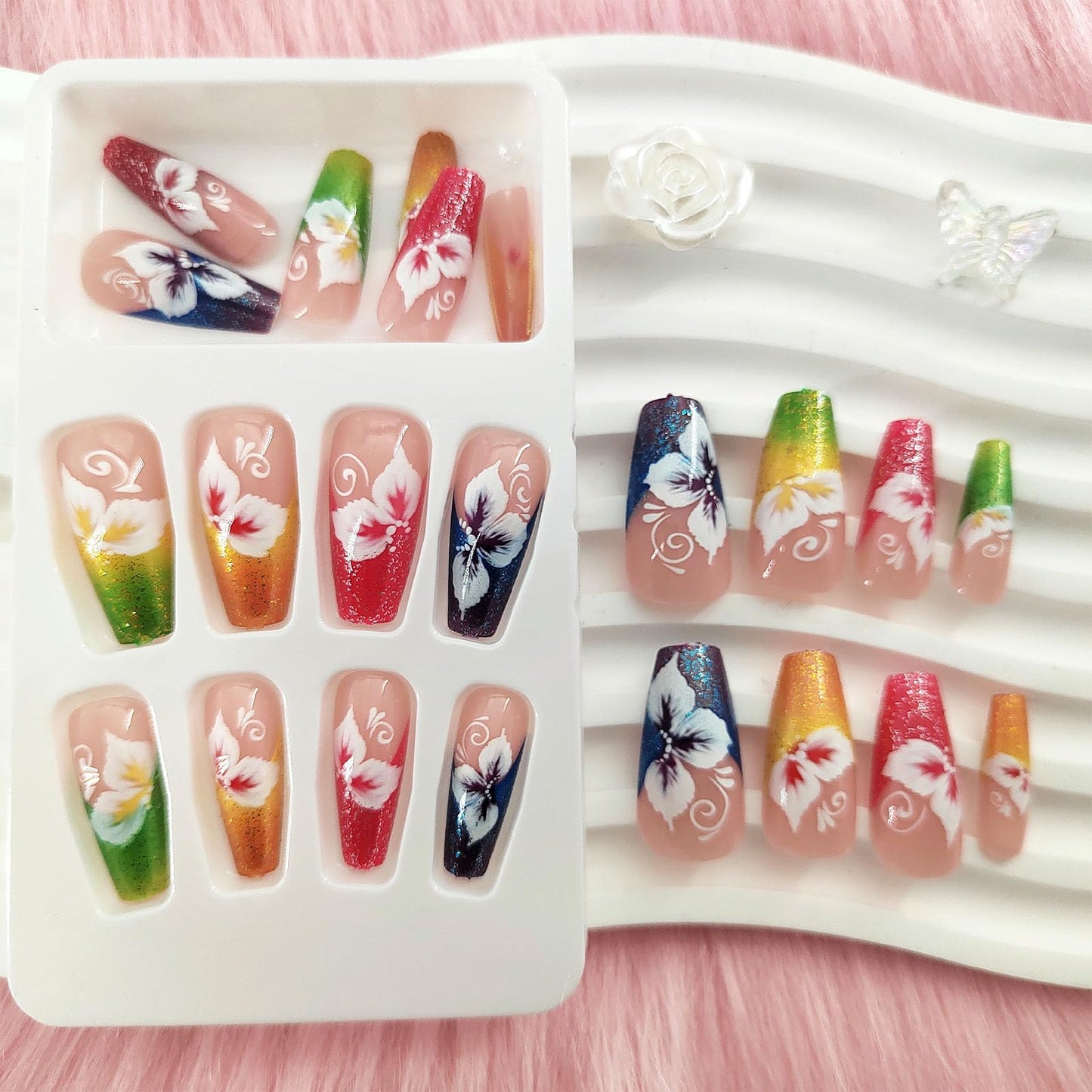 TUZANDW Coffin Press-on Nails with Glue - Flower Designs, Medium Length, Candy Colors, Glitter French Acrylic, Pink, Full Cover False Nails - 24 Pcs