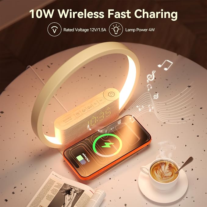 Vivilumens Sunrise Alarm Clock Wireless Charger, 10 White Noise Sound Machine Alarm Clock with 30/60/90 Mins Timer, 3 Levels Touch Night Light Dual Clocks for Heavy Sleeper Bedroom Decor Gift for Her