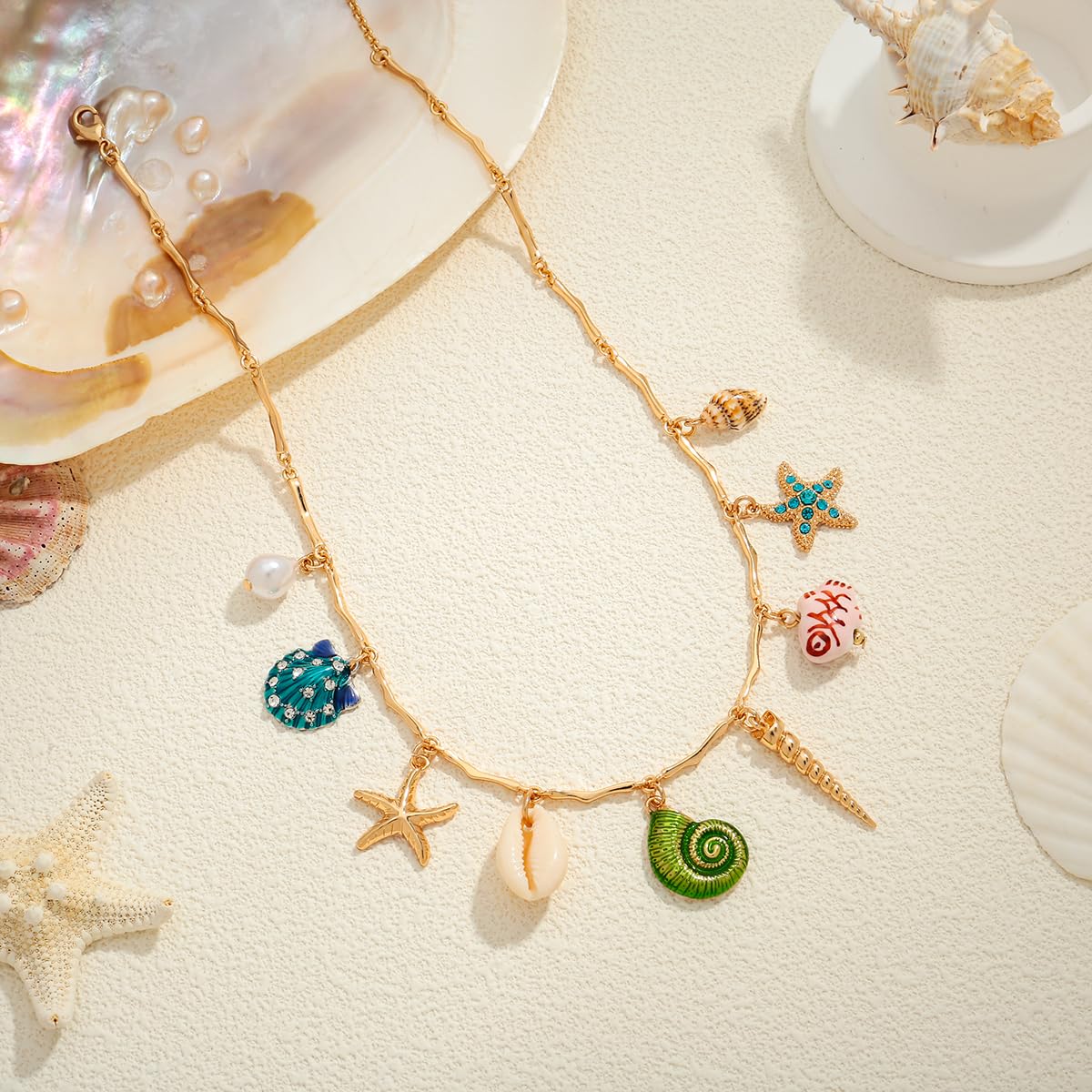 CLASSYZINT Shell Conch Starfish Charm Pendant Necklace Bohemian Necklace Summer Ocean Necklace for Women