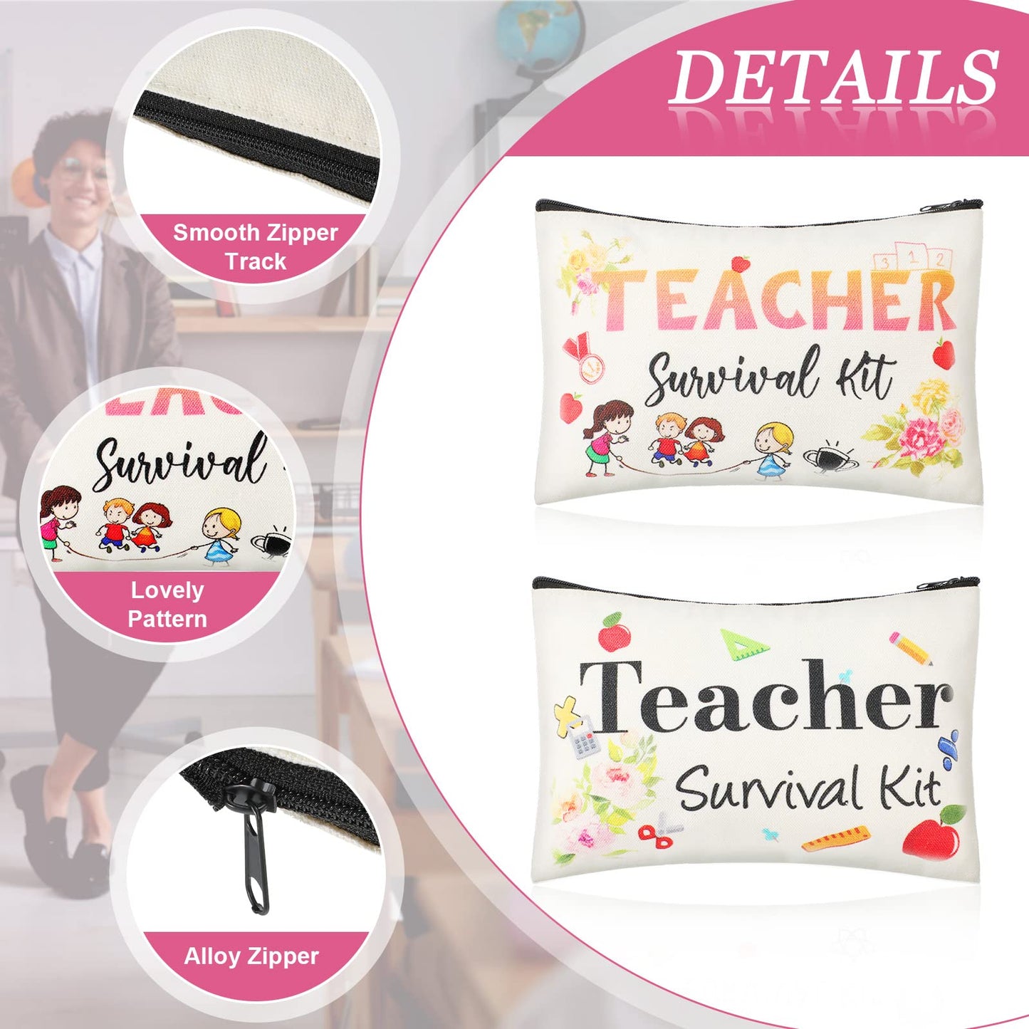 Frienda 48 Pieces Teacher Appreciation Present Set 24 Pcs Teacher Survival Kit Makeup Bag Pouch 24 Pcs Blessing Card Bracelet Cosmetic Bag Kit for Back to School Thanksgiving Party