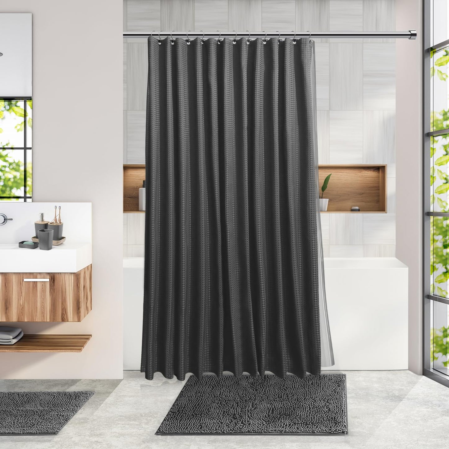 Clara Clark Bathroom Accessories Set - Bathroom Set, Bathroom Accessory Set, Shower Curtain Set, Toilet Brush, Trash Can & Soap Dispenser - Grey - 20PC