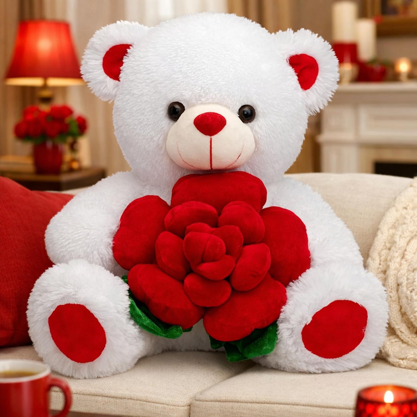 BEJOY Teddy Bear Stuffed Animals Plush Bear Holding Rose Soft Plush Toy Gifts 16 inches White