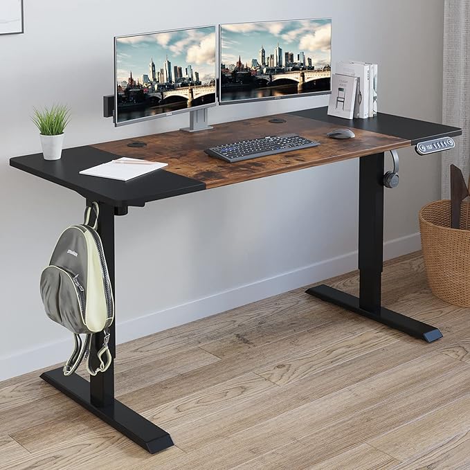 Radlove Electric Height Adjustable Standing Desk, 55 x 24 Inches Sit Stand up Workstation, Splice Board Memory Computer Table Ergonomic (Black Frame + 55" Black+Brown Top)