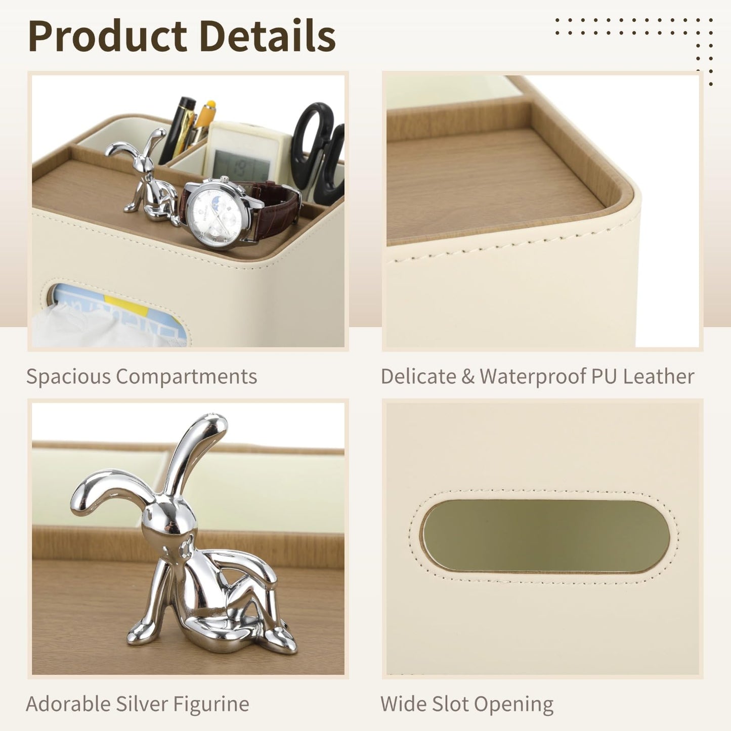 Leather Tissue Box Cover, Tissue Holder with Organizer Compartments, Decorative Desk Remote Holder, Table Storage Caddy for Remote, Glasses, Watch