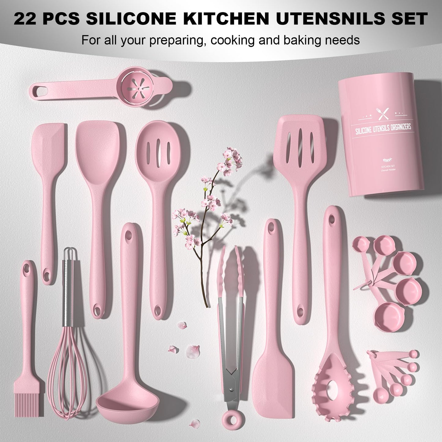 Umite Chef 22-Piece Silicone Cooking Utensils Set, Heat Resistant & Dishwasher Safe Kitchen Tools, Non-Scratch Spatula Set for Nonstick Cookware (Pink)