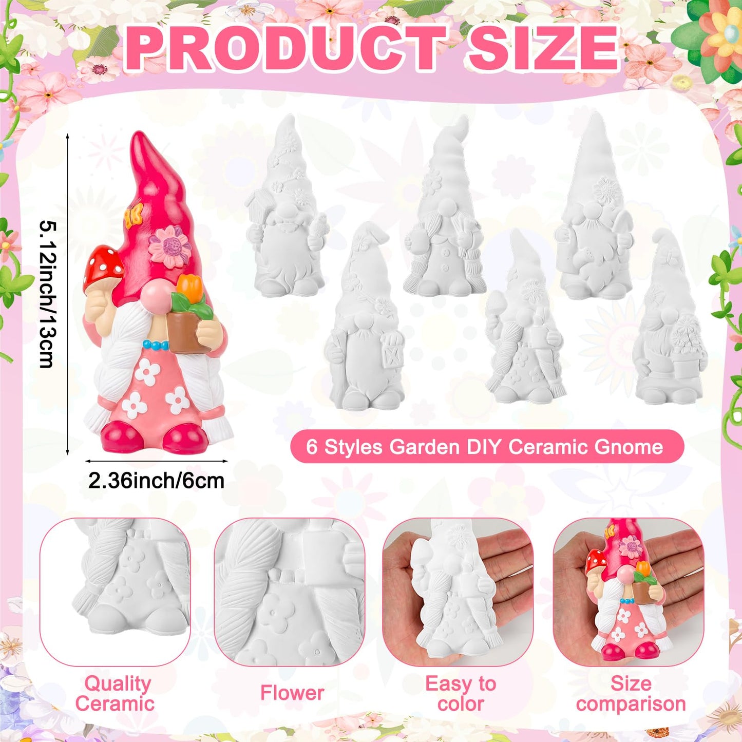 Arrowbash 6 Pcs Garden Ceramics to Paint Ready to Paint Your Own Gnome Statues 5.12 Wildflowers Theme Paintable Figurines DIY Unpainted Ceramics Plaster Crafts Kit with Brush Palette