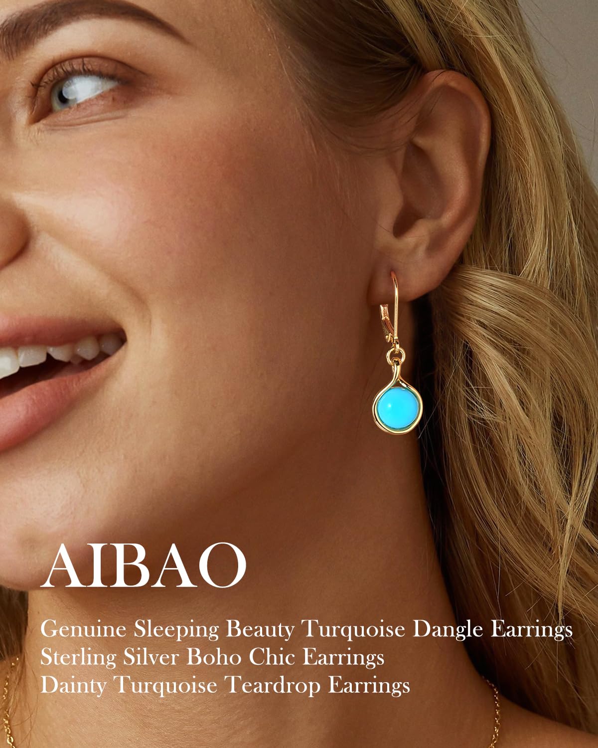 AIBAO Turquoise Dangle Earrings for Women Round Cut Blue Gemstone Leverback Earrings Western Jewelry Sterling Silver Sleeping Beauty Turquoise Earrings