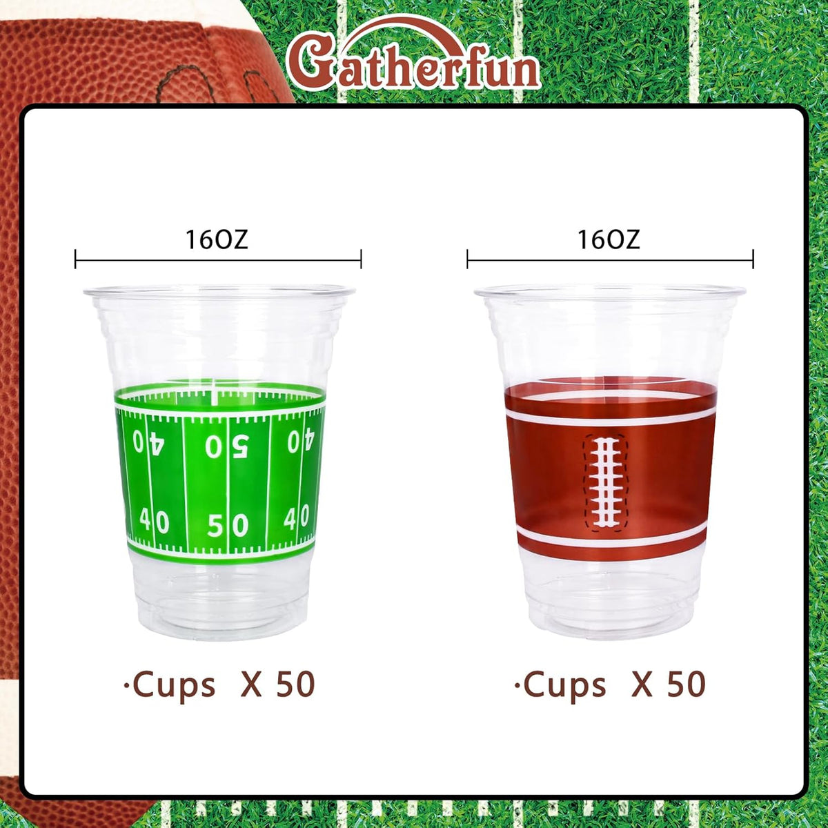 Gatherfun 100 Pcs 16oz Football Plastic Cups - Football Parties and Tailgate Events, Disposable & Convenient - Ideal Party Supplies & Party Favors for Football Themed Birthdays