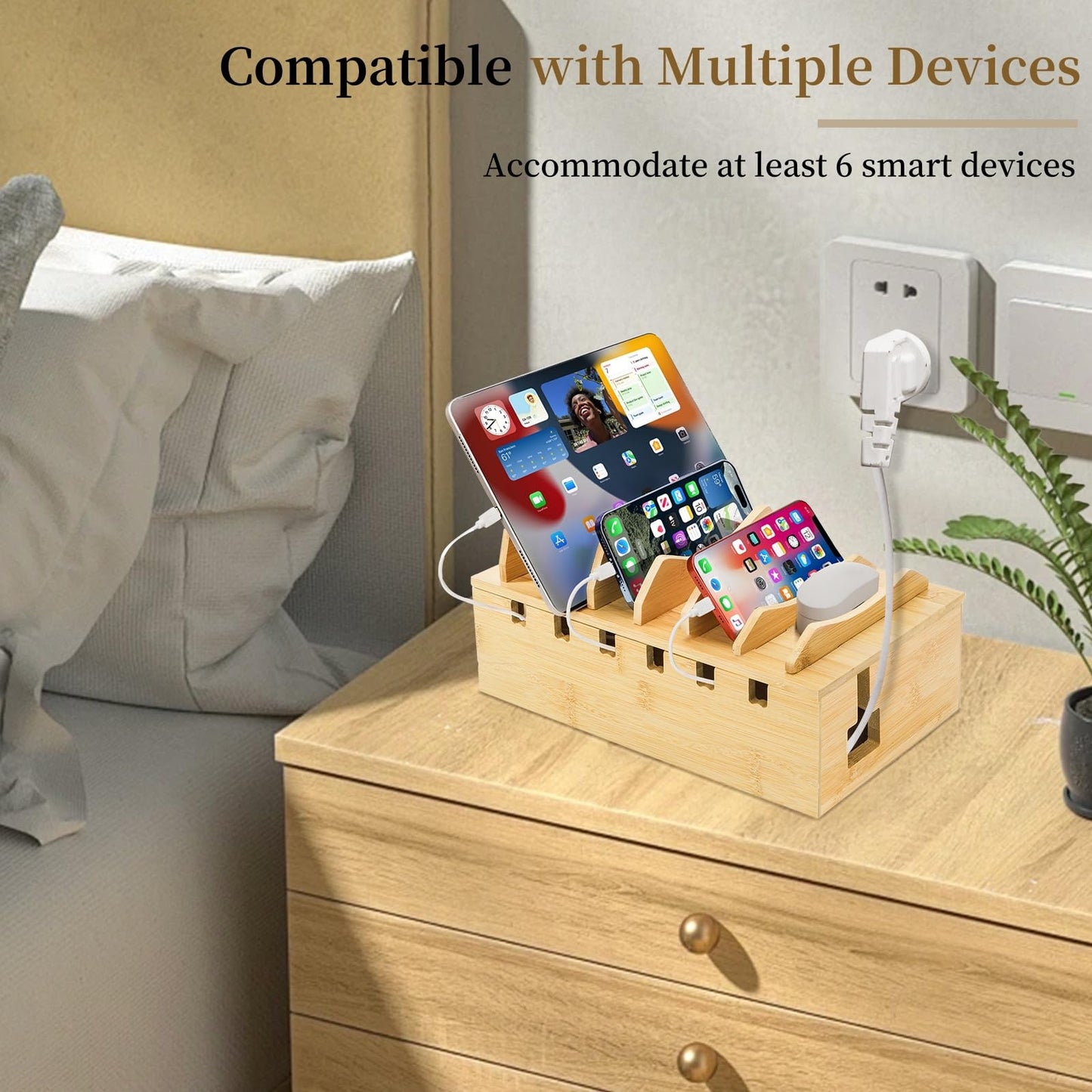 WRINGKIT Bamboo Charging Station for Multiple Devices, Desktop Charging Organizer with Removable Divider Slots, Docking Stations Stand for 6 Devices, Compatible with Tablets, iPads, Cell Phone, Laptop