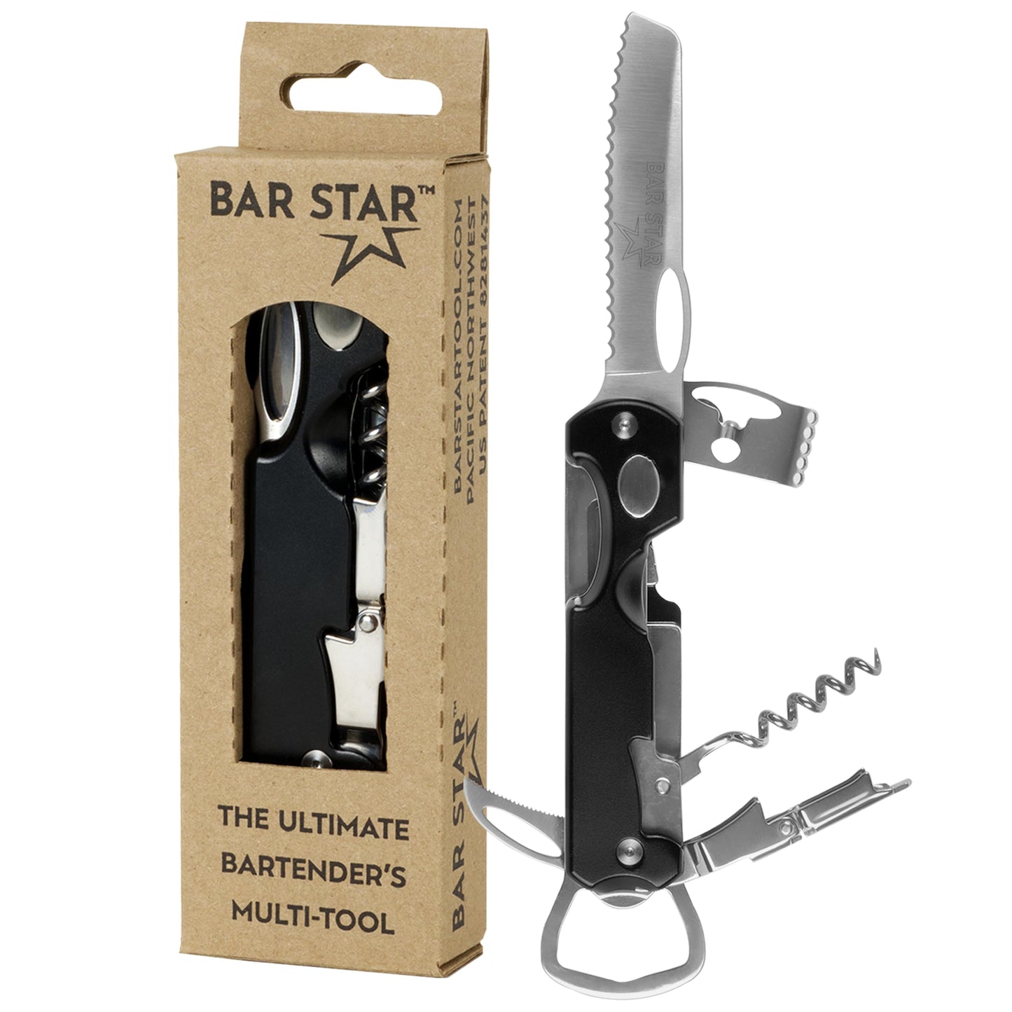 Bar Star Bartender's All-in-One Bar Tool Set: Corkscrew, Zester, Citrus Knife and Bottle Opener Kit with Magnet for Picnics, Tailgating, BBQs, Camping, Travel, Beach Parties and Bartending, Black
