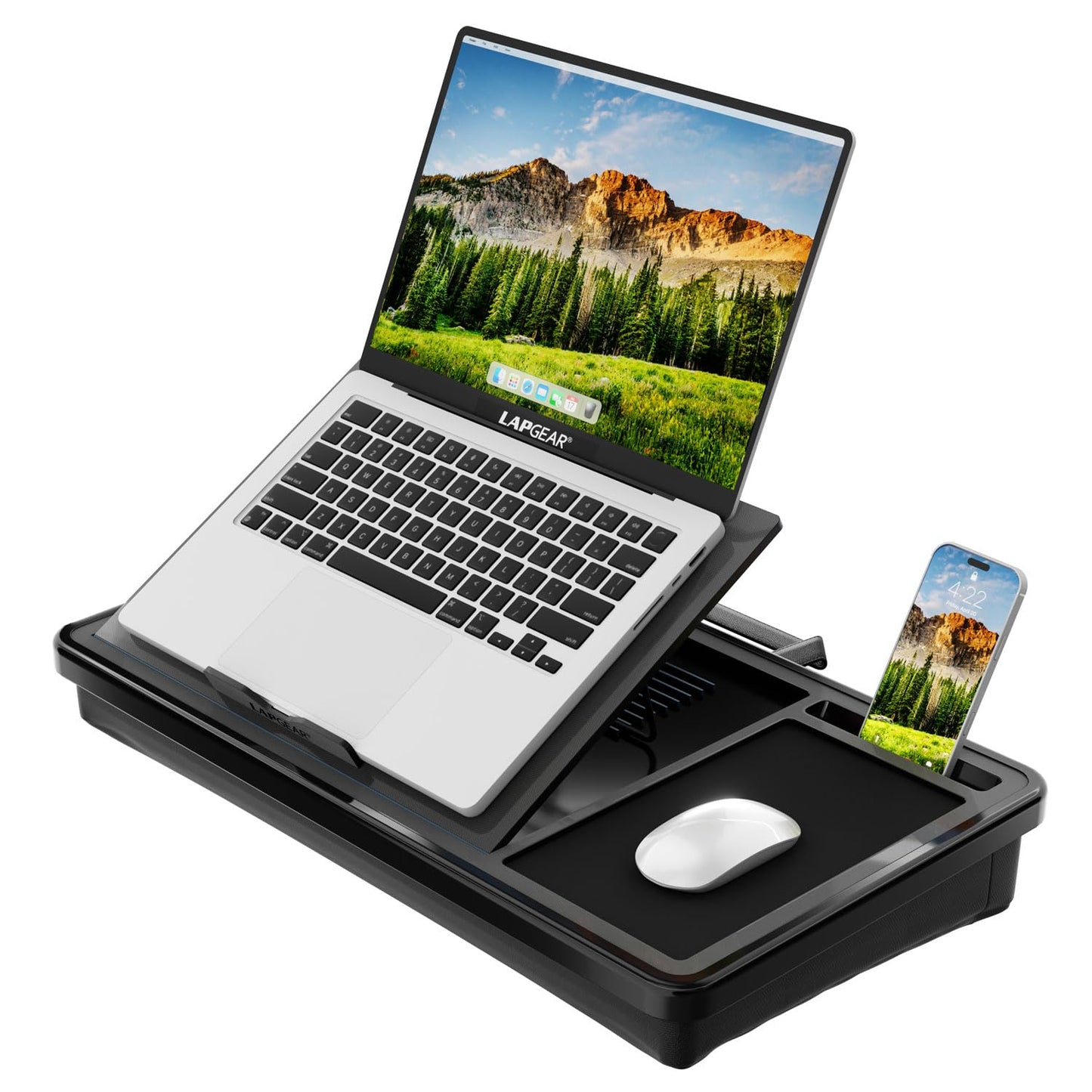 LAPGEAR Ergonomic Pro 2.0 Lap Desk with 9 Adjustable Heights, Built-in Mouse Pad & Phone Slot – Full Microbead Cushion, Storage Pocket – Fits Laptops up to 15.6" – Black – Style No. 49508
