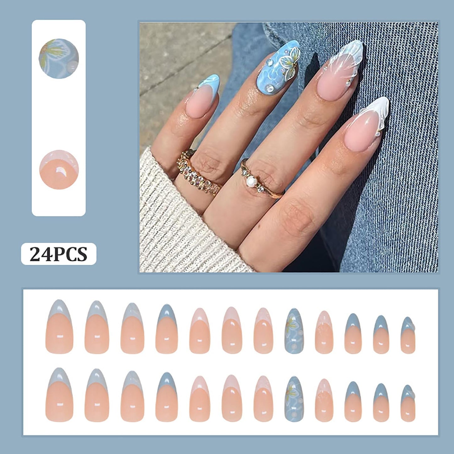 24 Pcs Blue Almond Press on Nails Medium Length Fake Nails 3D Flower and Water Ripple Design Artificial Acrylic Nails Press ons Cute French Tip False Nails Summer Glue-Free Nails for Women